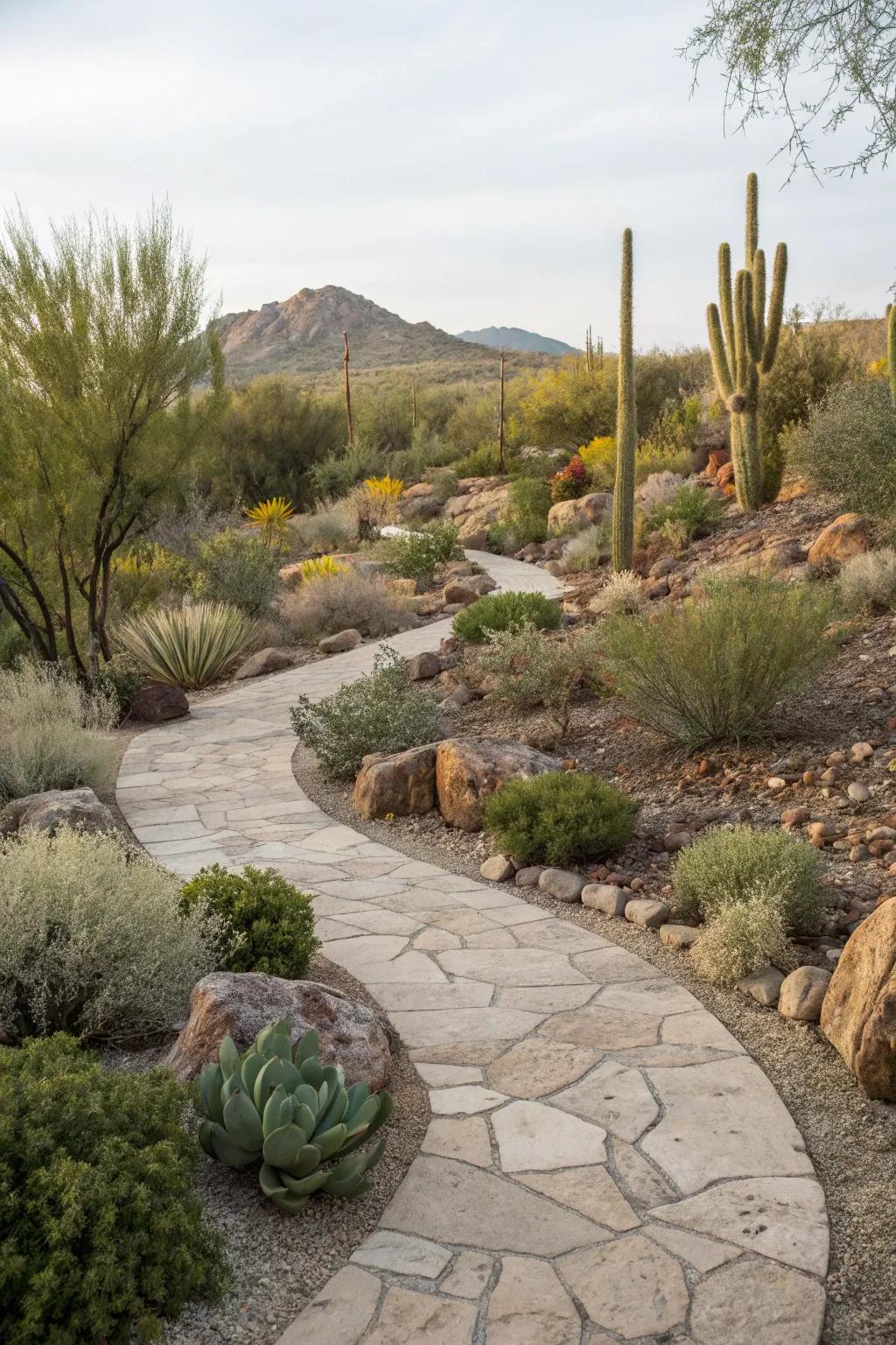 A natural stone pathway meandering through a lush desert landscape.