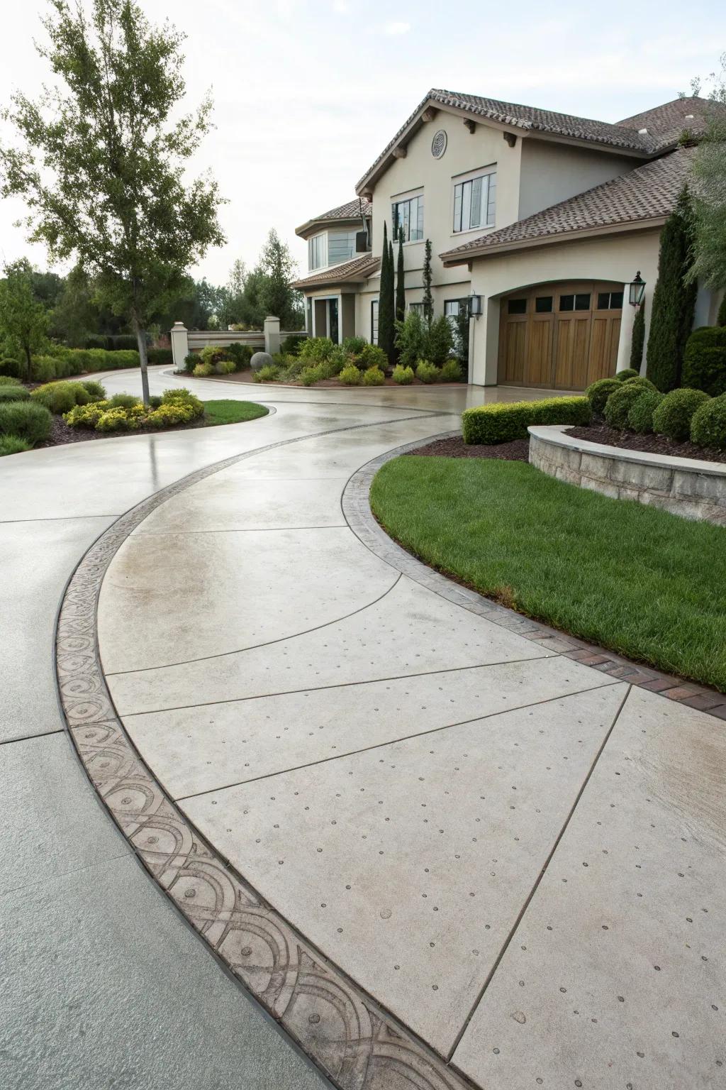A contemporary concrete driveway infuses a modern feel into any home with its clean lines and varied textures.
