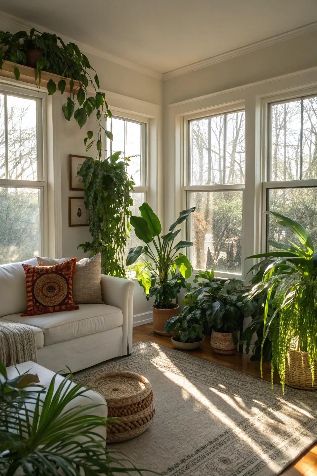 A radiant, open room enhanced with natural elements and flourishing greenery.