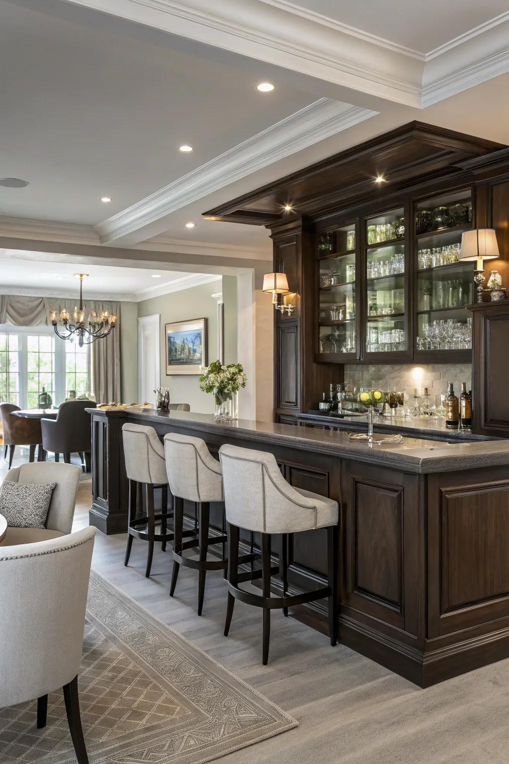 Dark and neutral shades create a stylish and modern bar area.