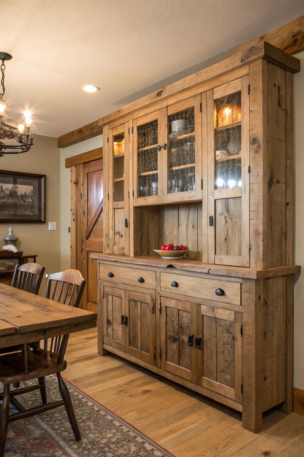 Rustic farmhouse cabinets bring warmth and charm to the dining room.