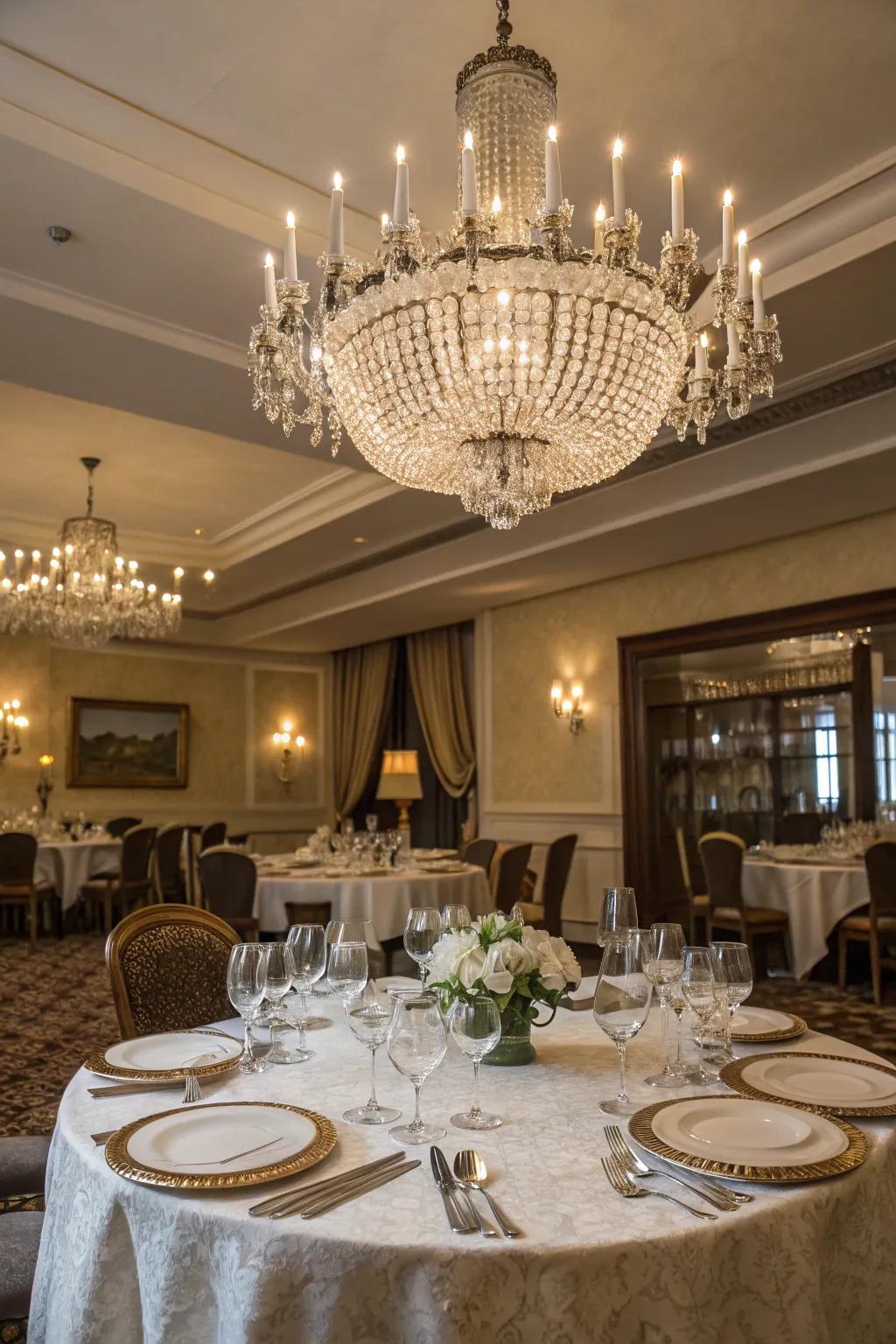 Elegance with chandeliers and fine tableware for a sophisticated dining experience.