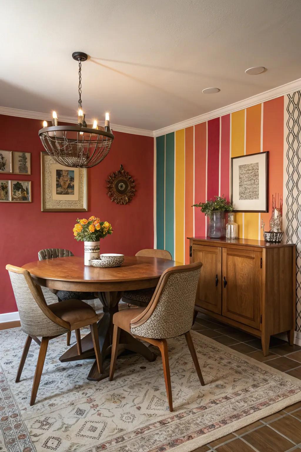 A daring focal wall adds flair and elegance to the dining room.