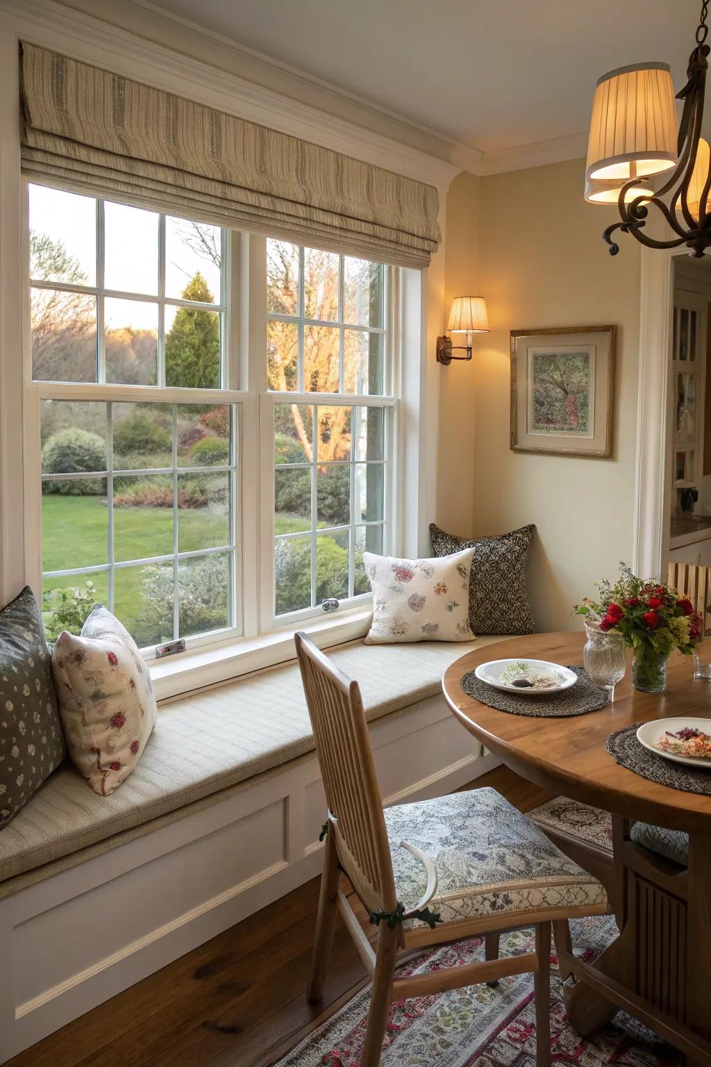Window seating presents a snug spot for relaxation and dialogue.