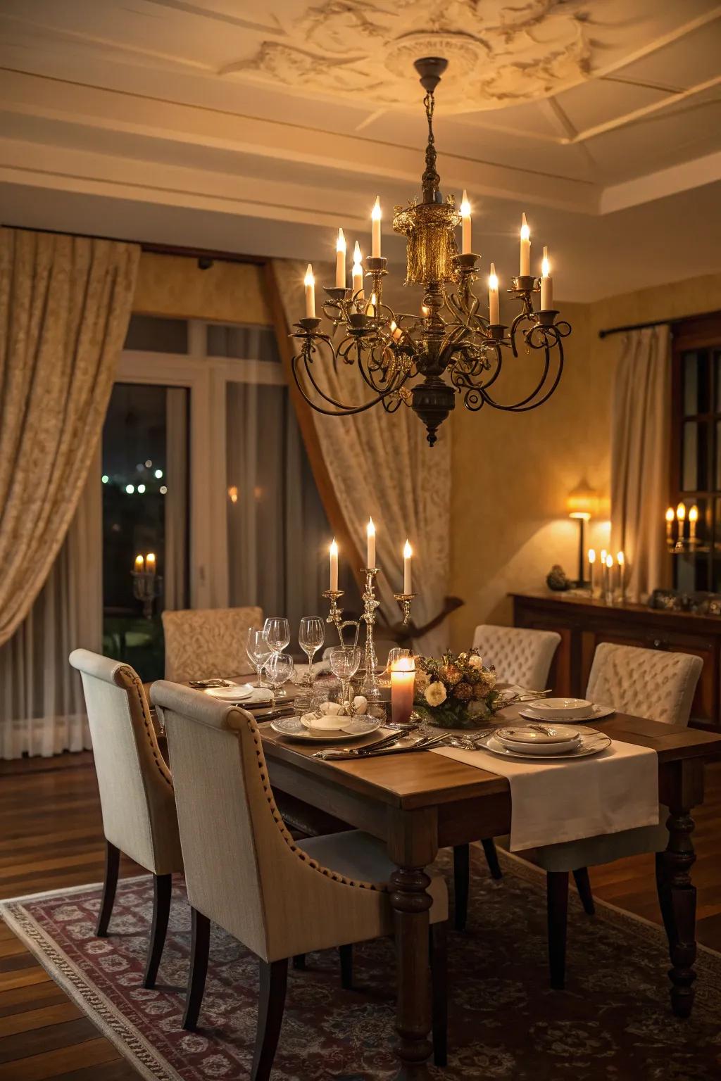 A dining table illuminated by a stylish chandelier.