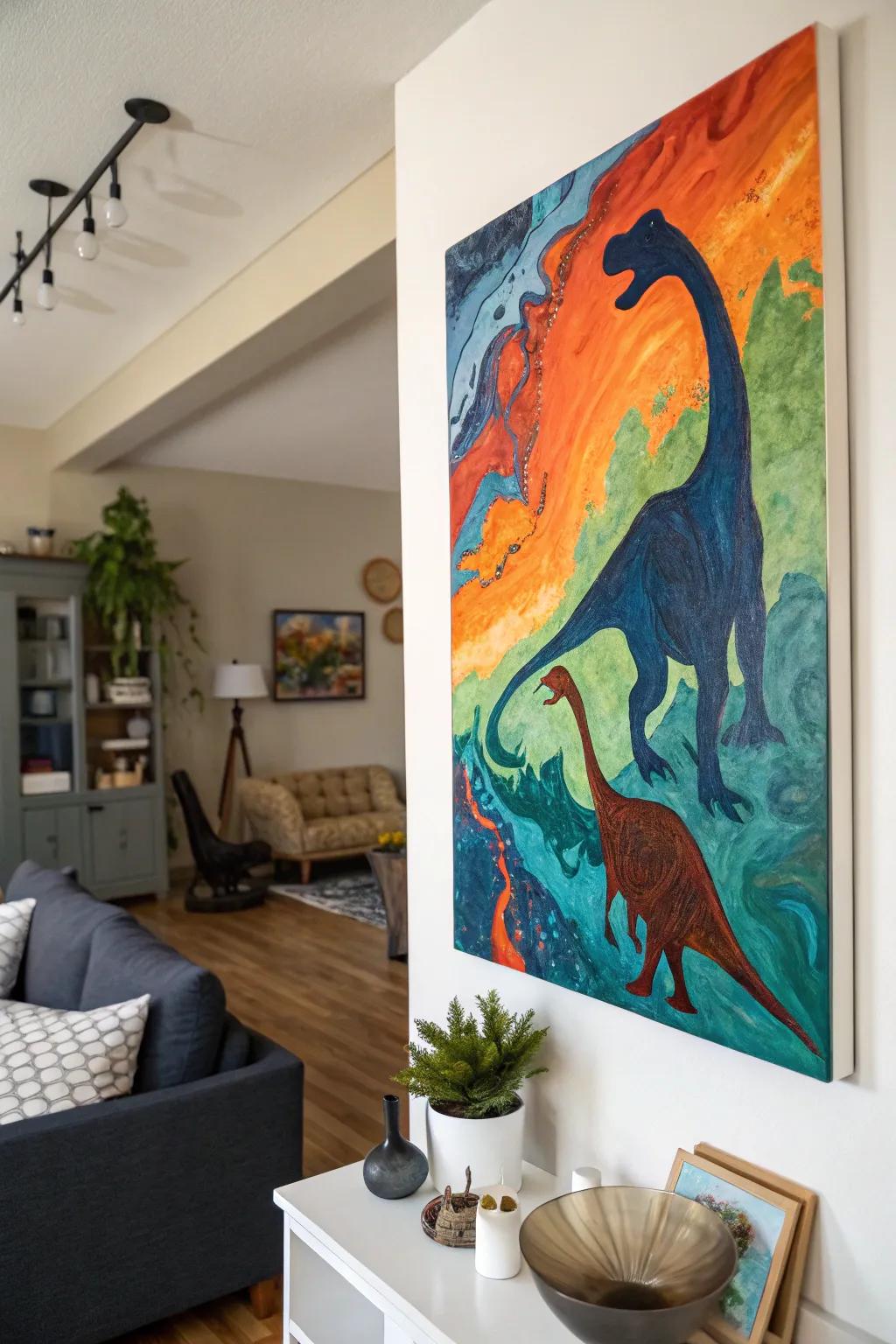 Lively acrylic swirl dinosaur art with twirling colors