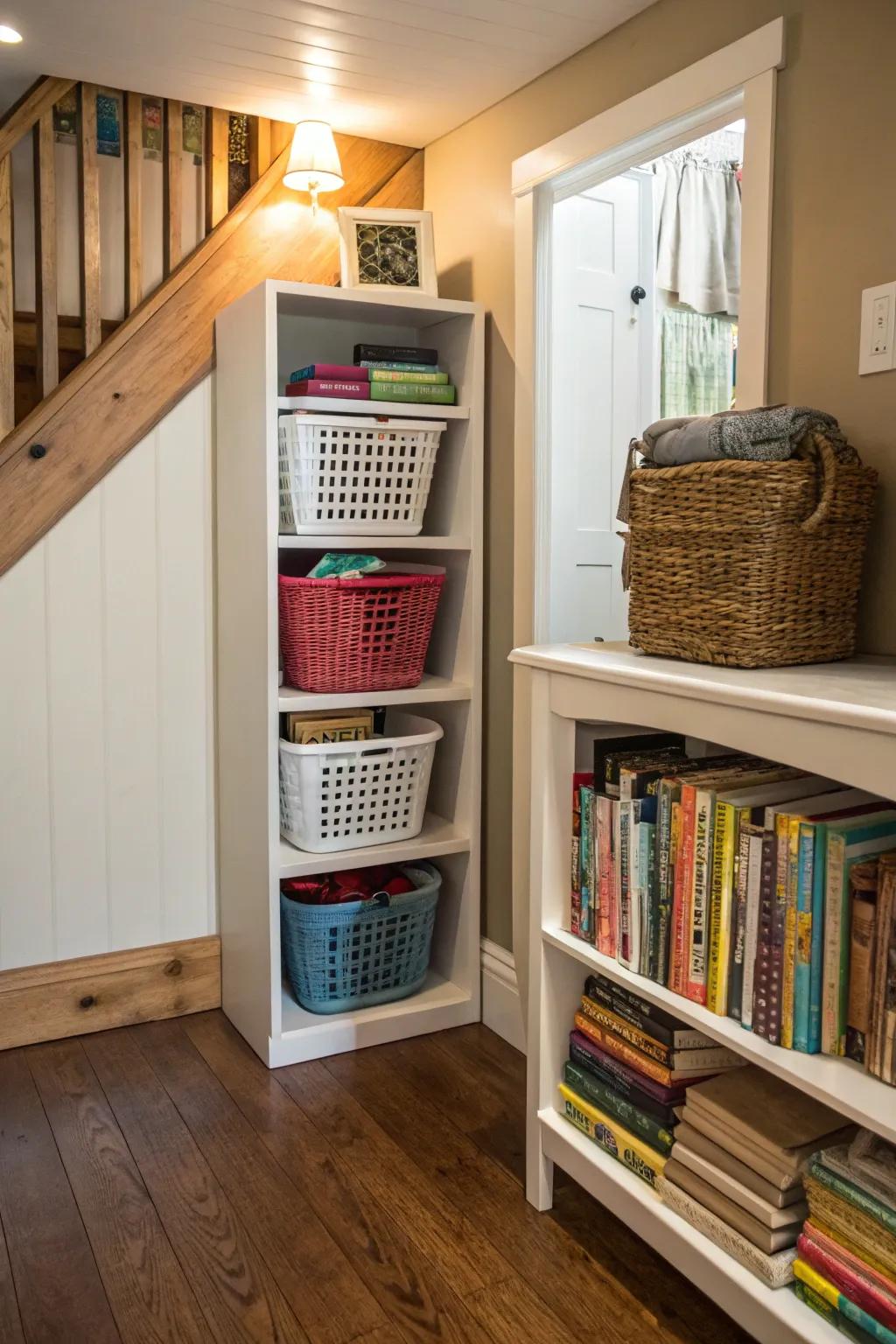 A bookshelf can become an attractive laundry sorting center with individualized containers.