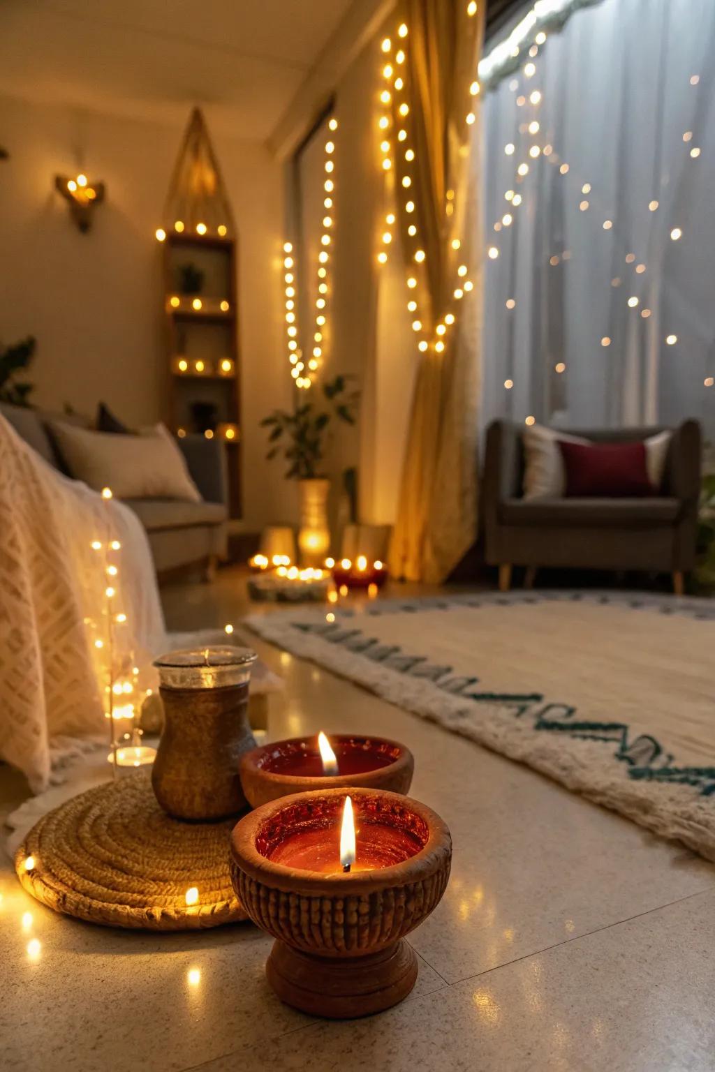 The pairing of oil lamps and fairy lights creates an enchanting glow.