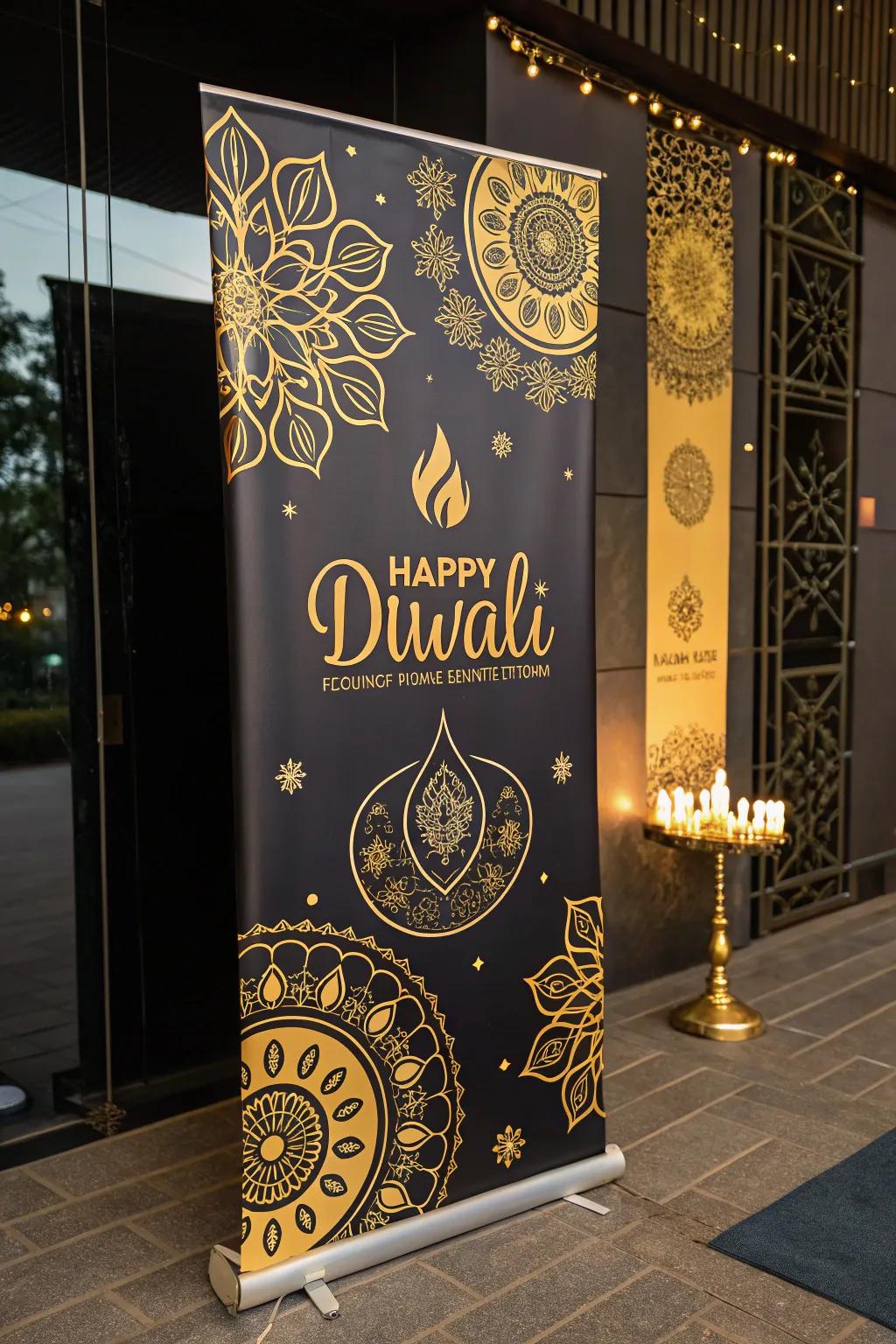 An elegant Diwali poster featuring gold accents and patterns.