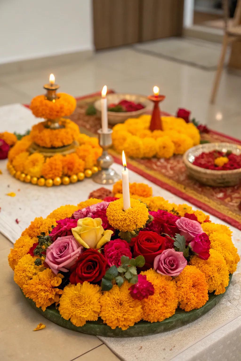 Botanical compositions of marigolds and roses inject elegance into the Diwali table.