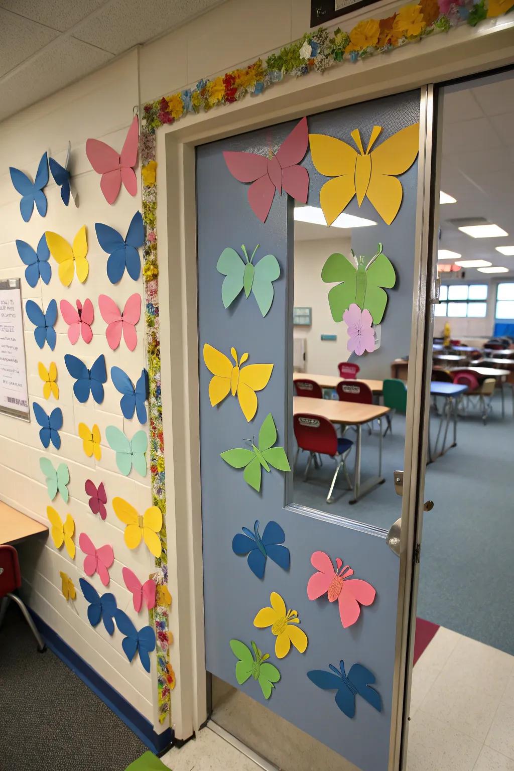 A door adorned with vibrant paper moths.