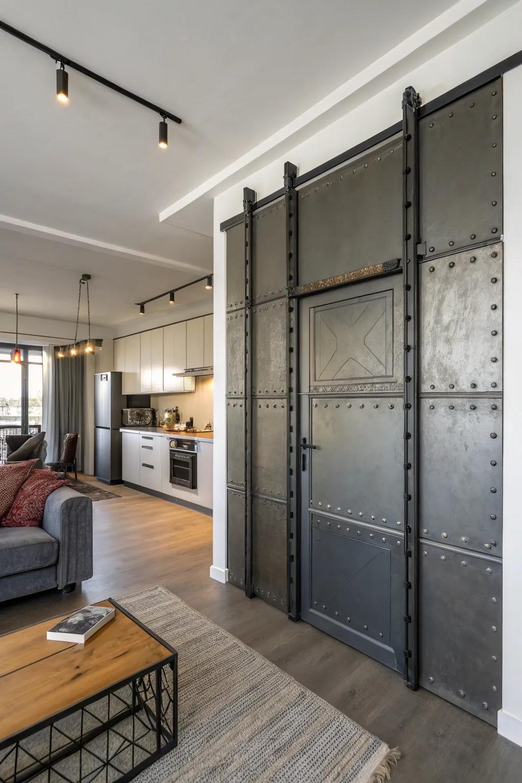 Industrial metal doors add character and definition to this stylish studio apartment.