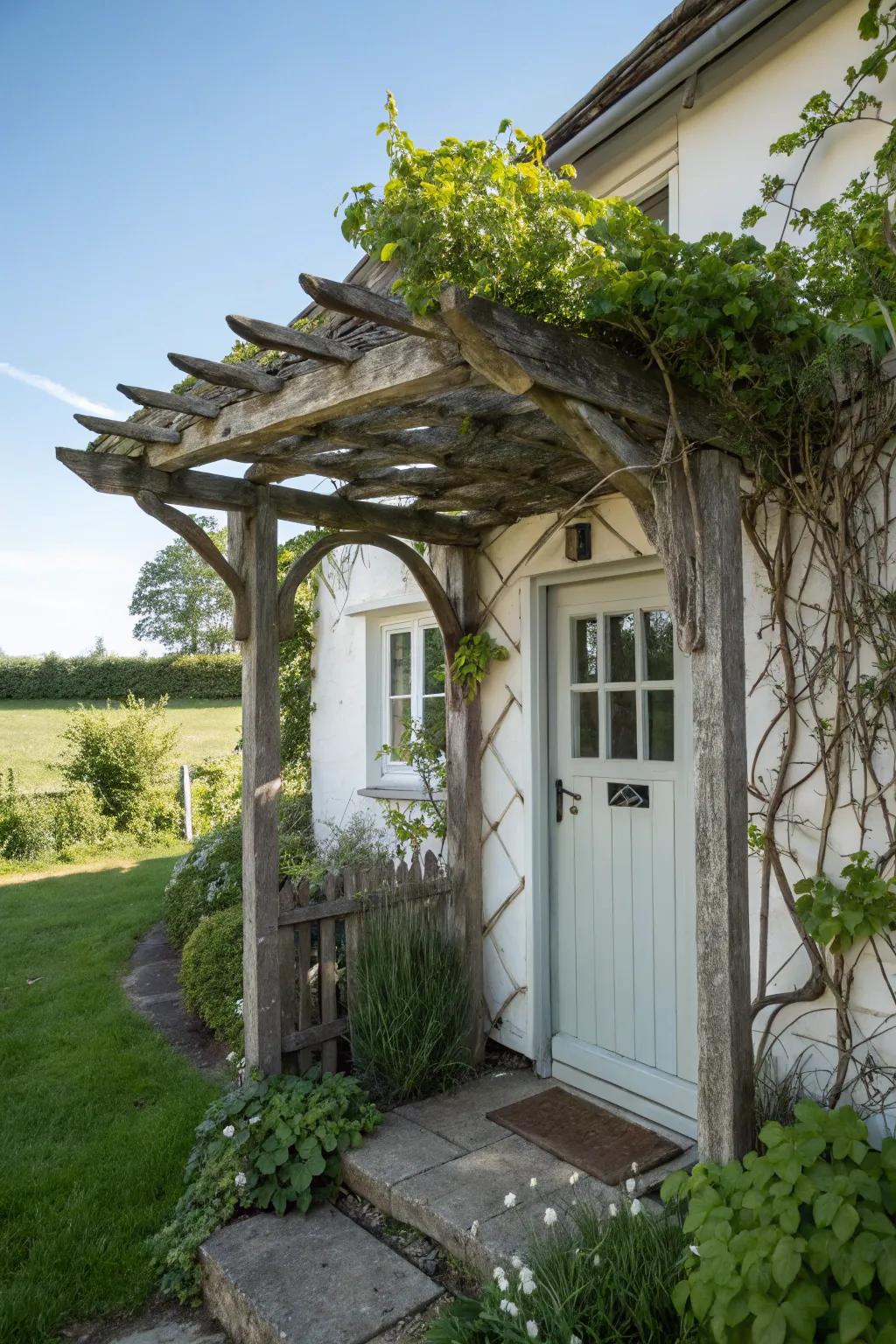 An earthy wood roof over a charming cottage door.