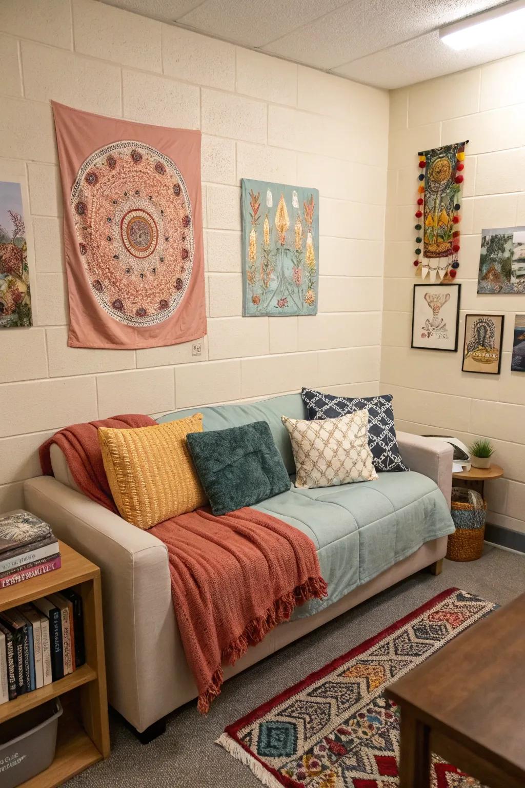 A sofa coordinated by color enhances the feel of this dorm room.