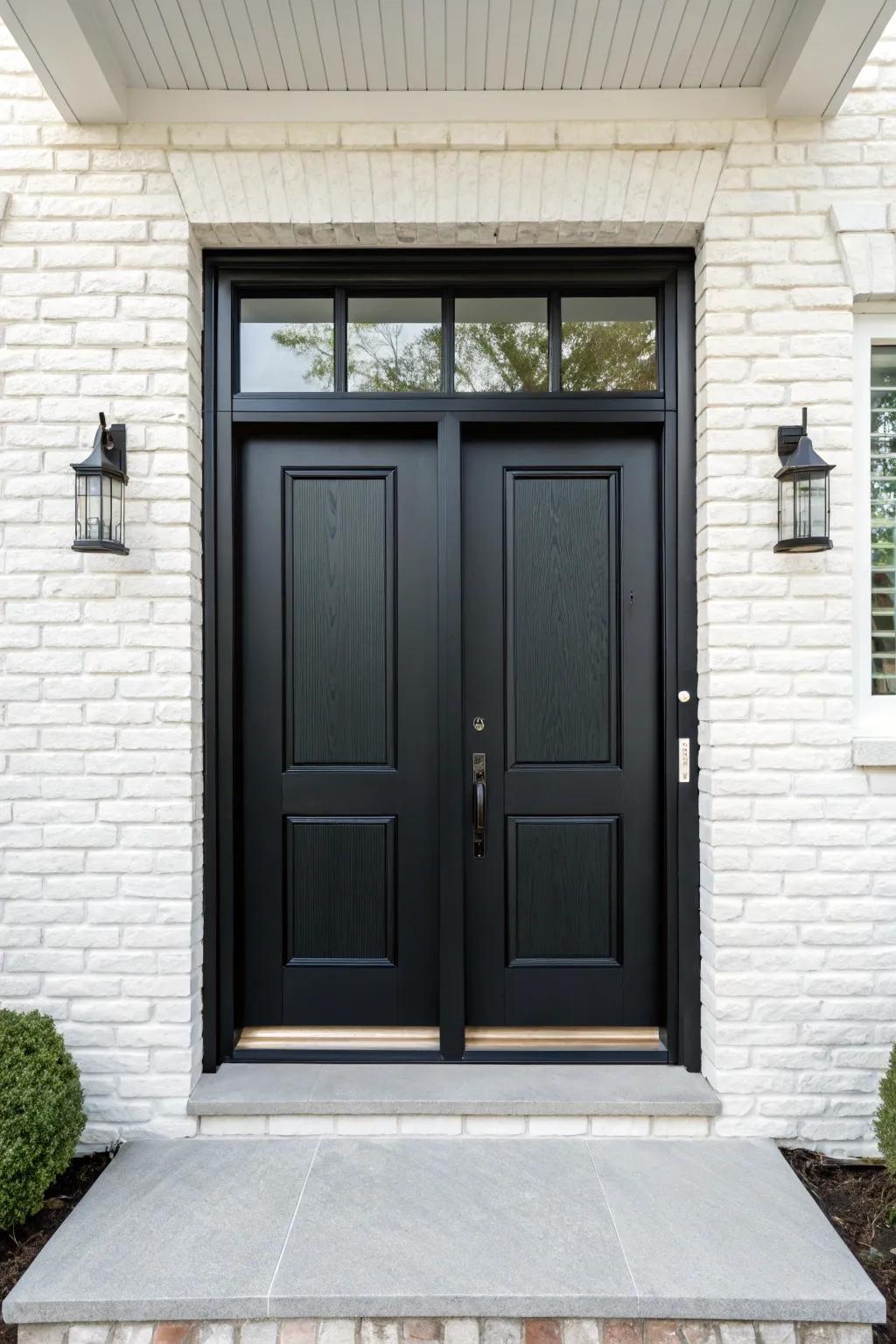 Striking black doors making a beautiful statement against a bright backdrop.