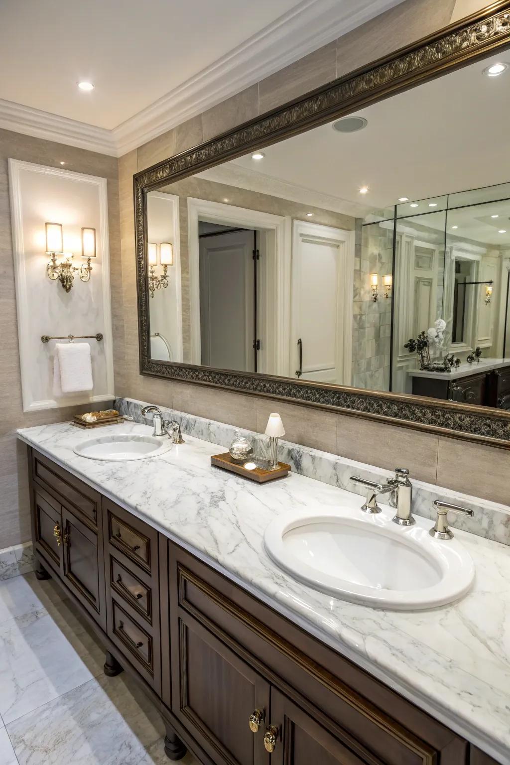Elegant quartz countertops perfectly complement the double sinks in this luxurious bathroom.