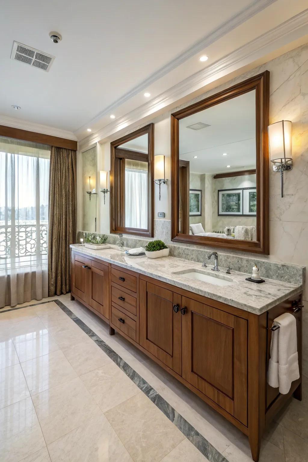 Elegant materials such as marble and wood elevate this bathroom's aesthetic.