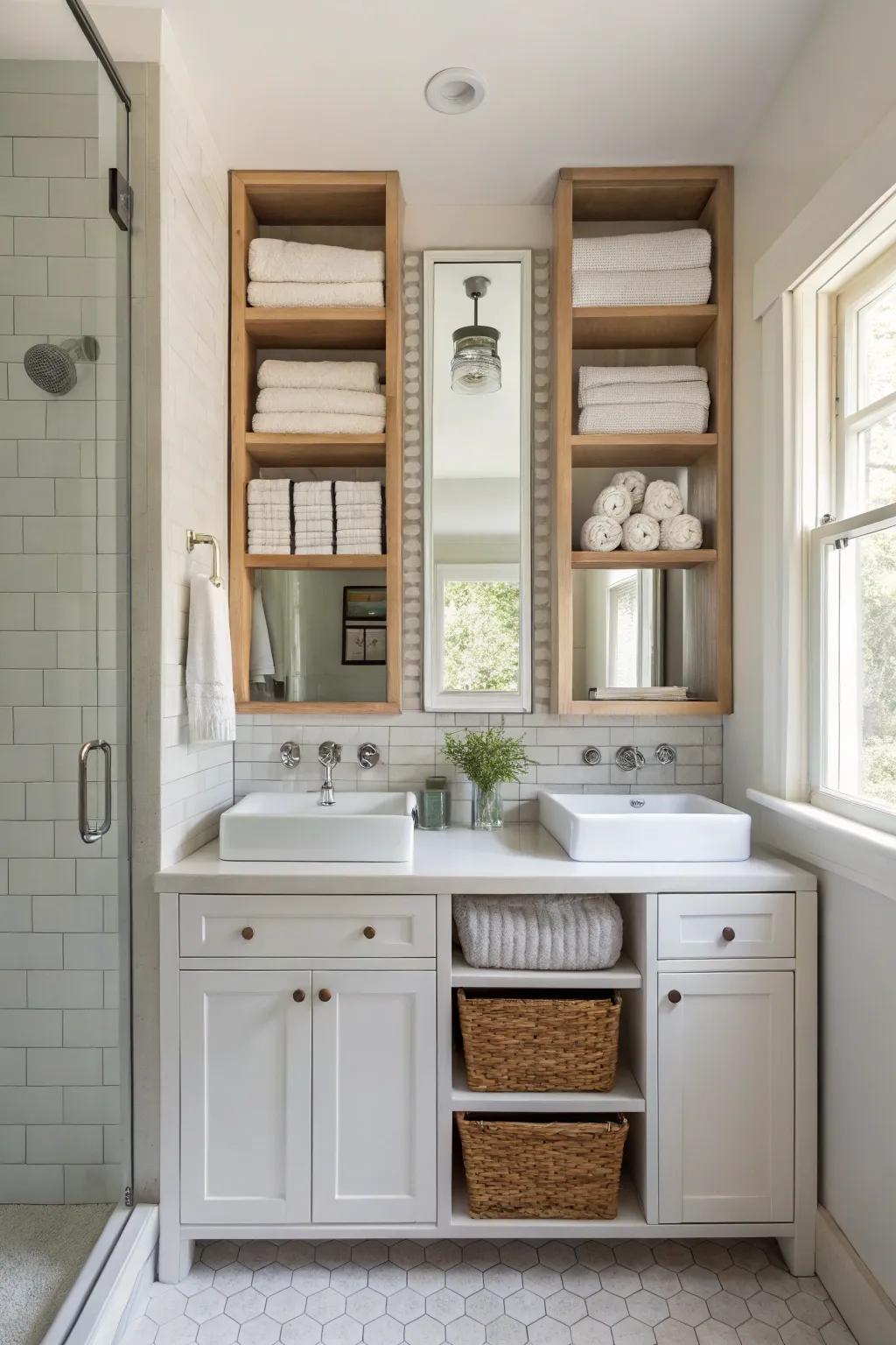 Vertical shelving optimizes functionality and style.