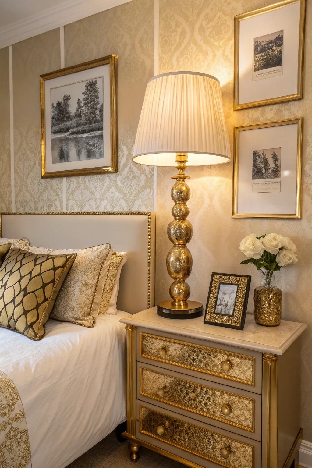 Golden highlights provide a luxurious feel to this striking bedroom ambiance.