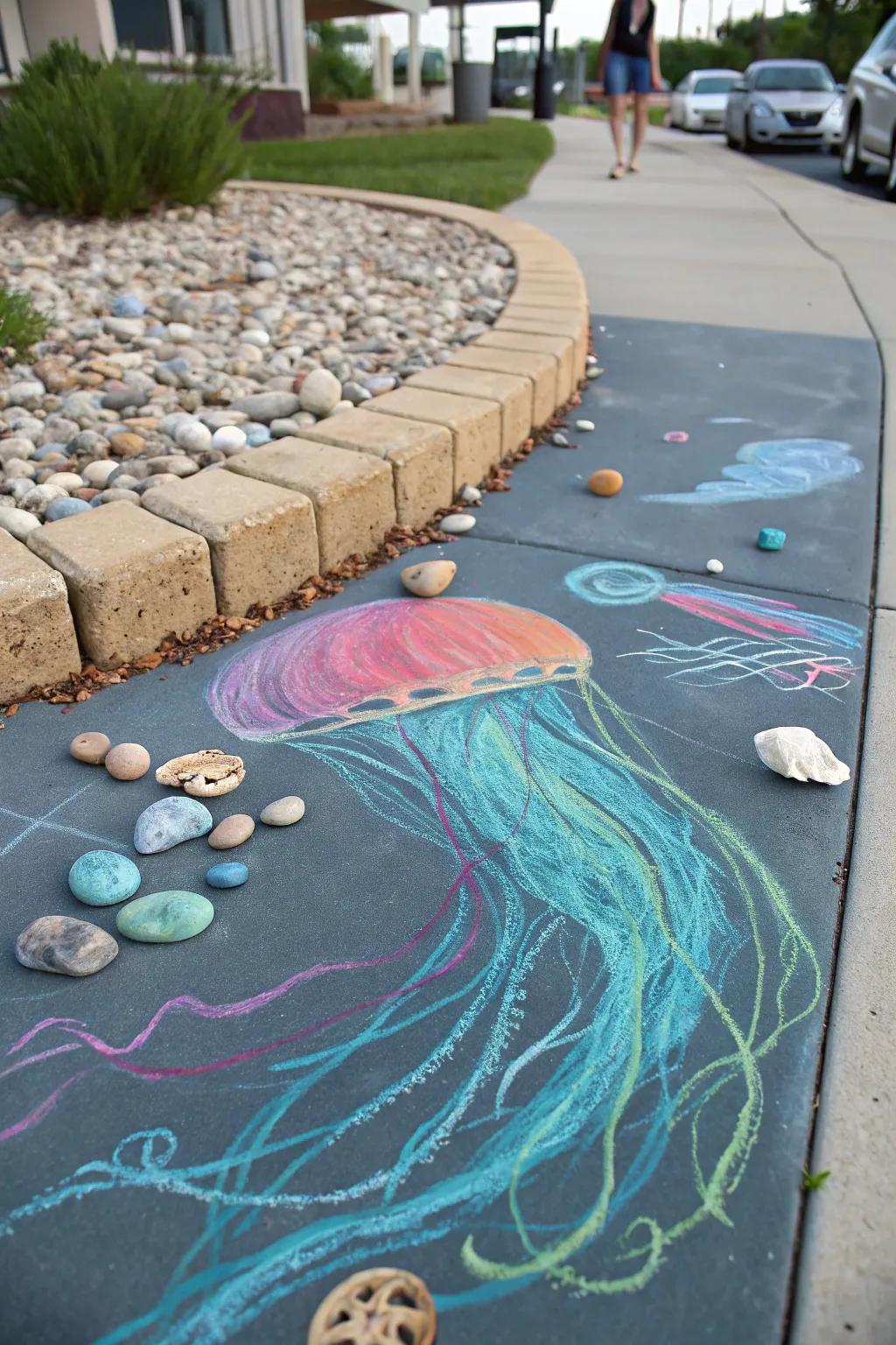 Jellyfish swim gracefully across the pavement in a captivating chalk art display.