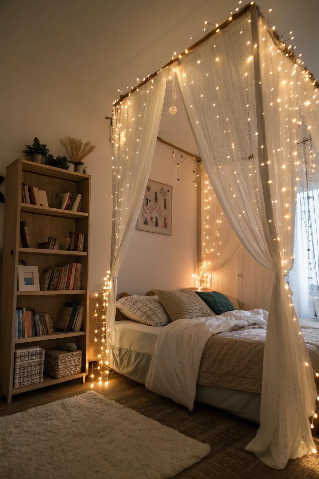 A magical bedroom corner featuring twinkling lights creating a warm glow.