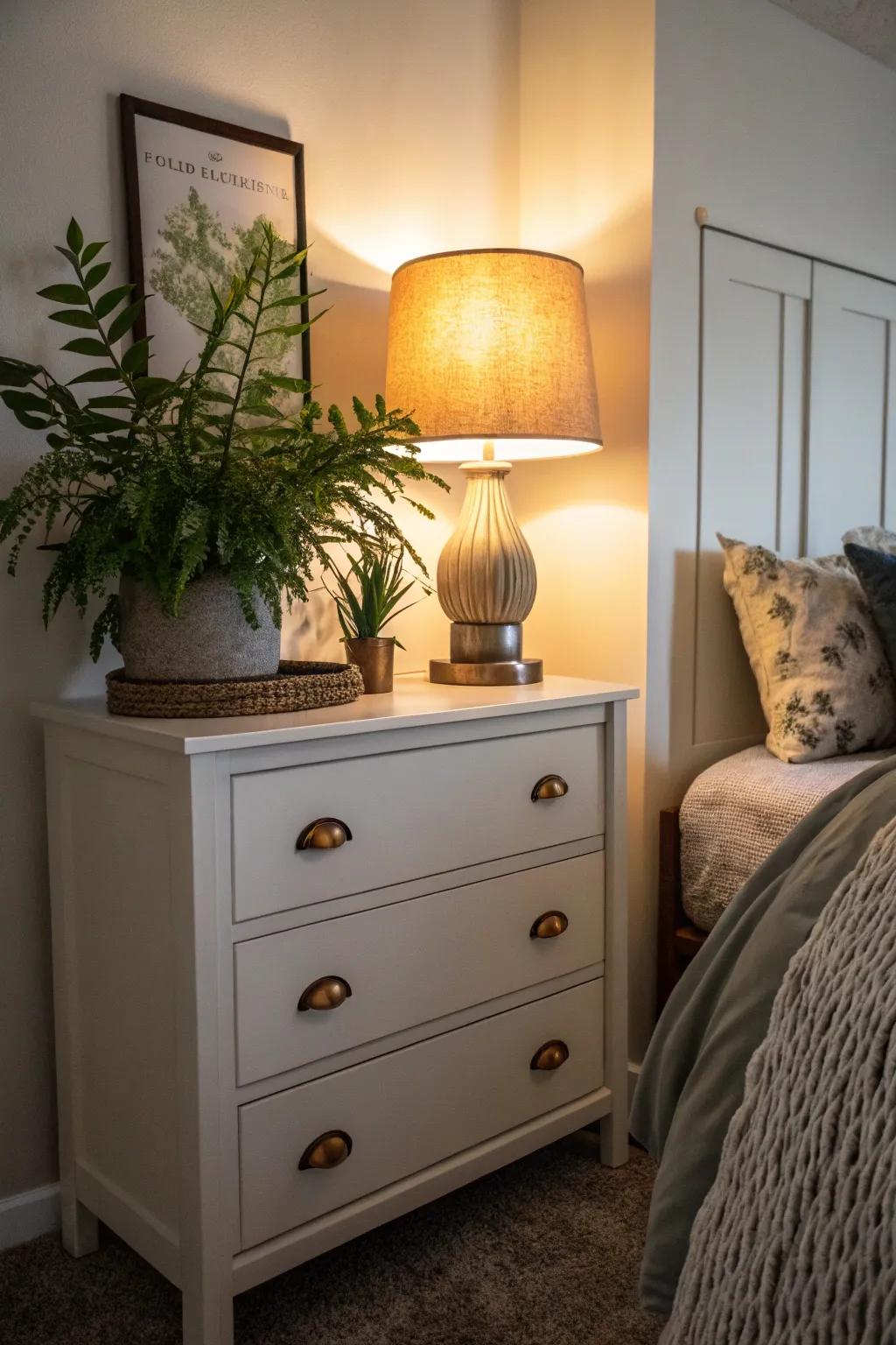A small dresser enhanced with a lamp and plant, boosting both functionality and aesthetic appeal.