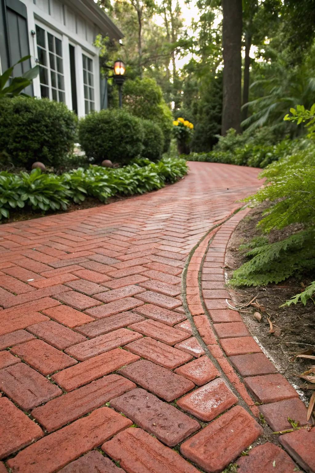 Brick paths add a classic, welcoming touch.