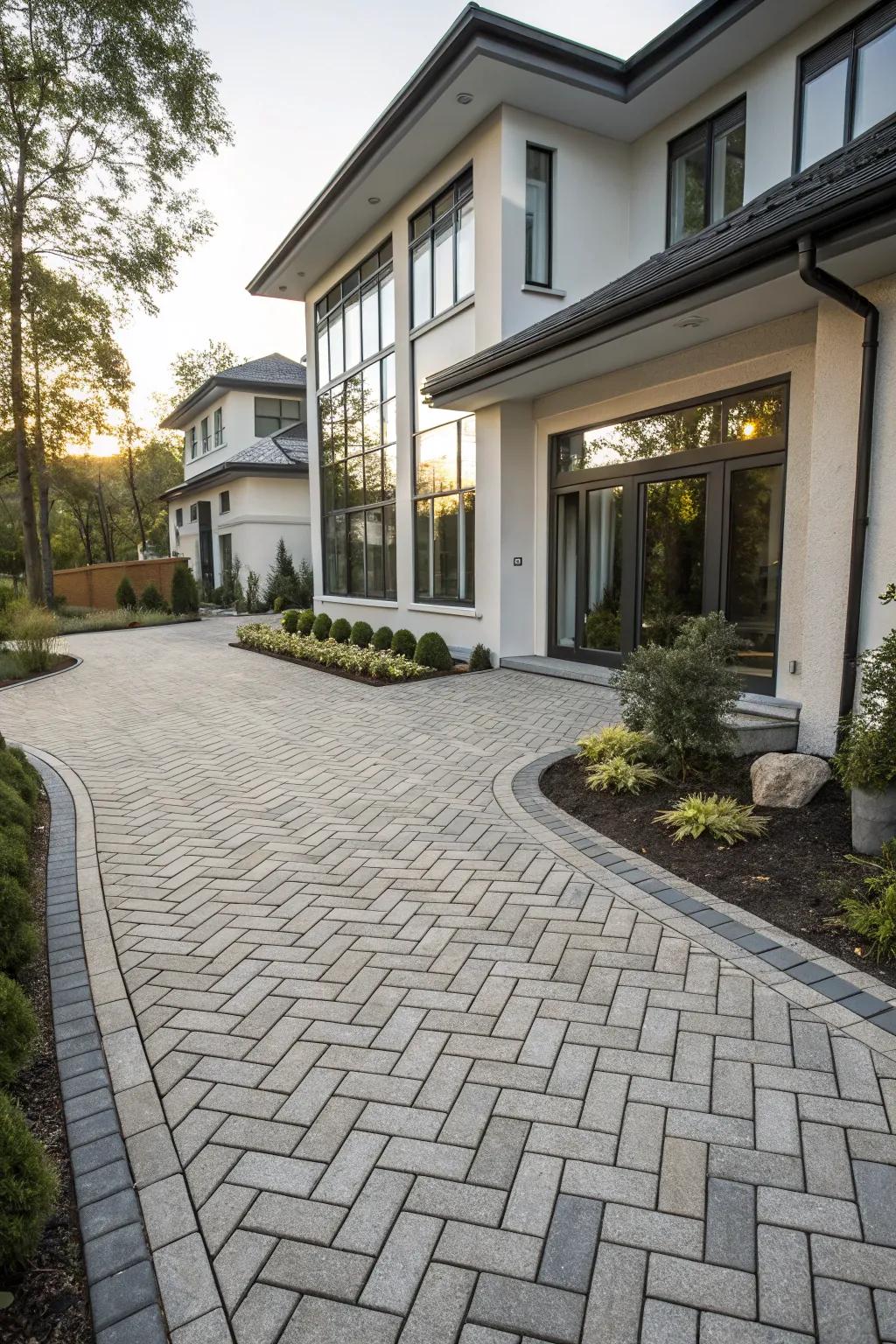 Intricate paver patterns add elegance to this driveway.