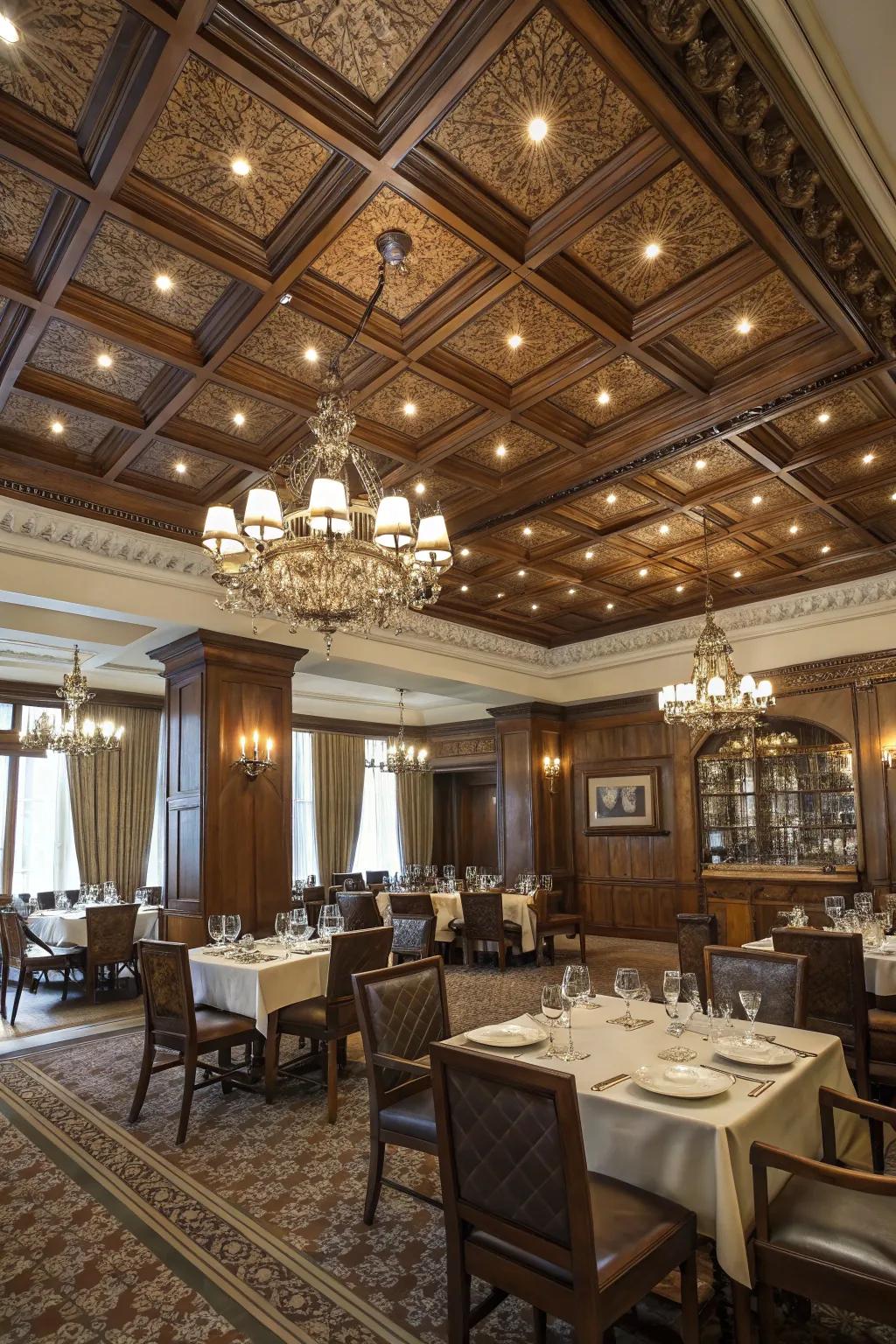 Stylish design using coffered ceiling boards.