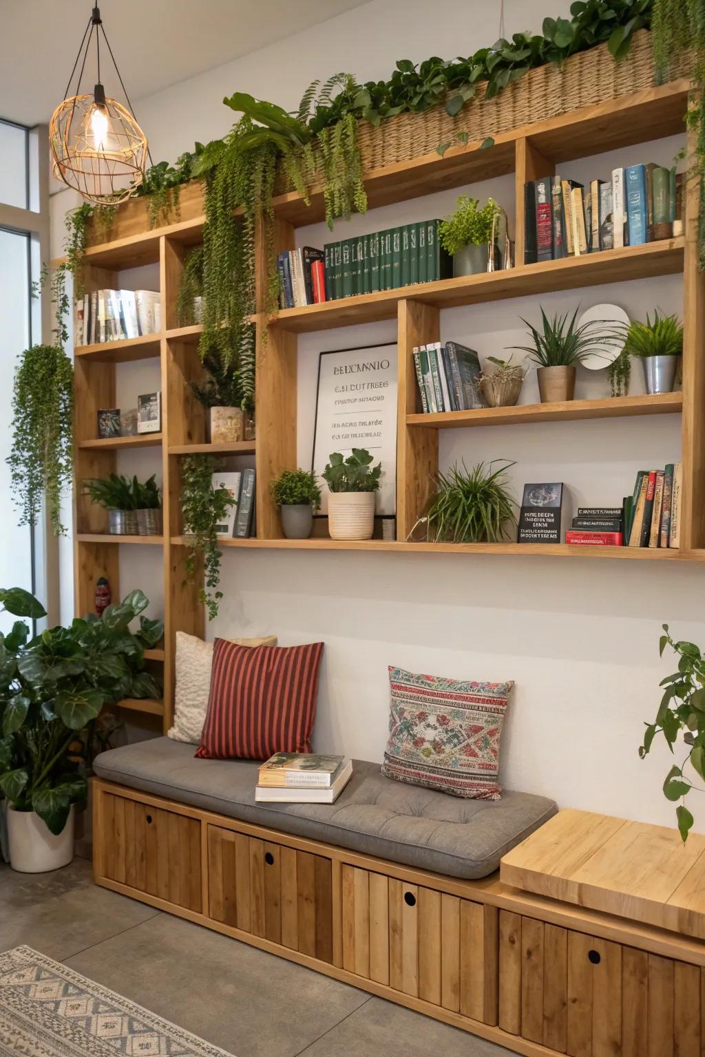 Shelves provide chic storage and display options.