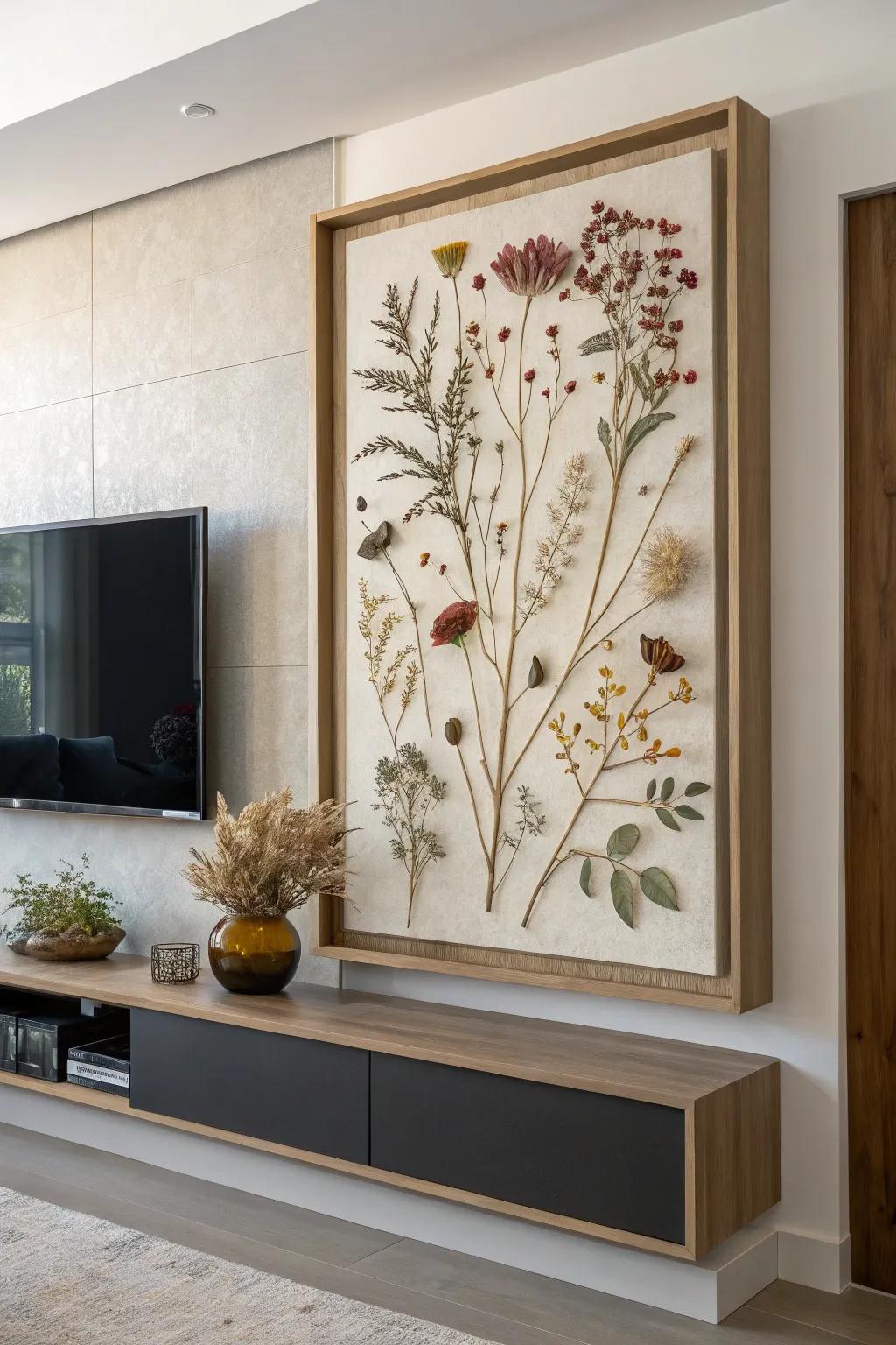 Preserved flowers developed into striking wall decor.