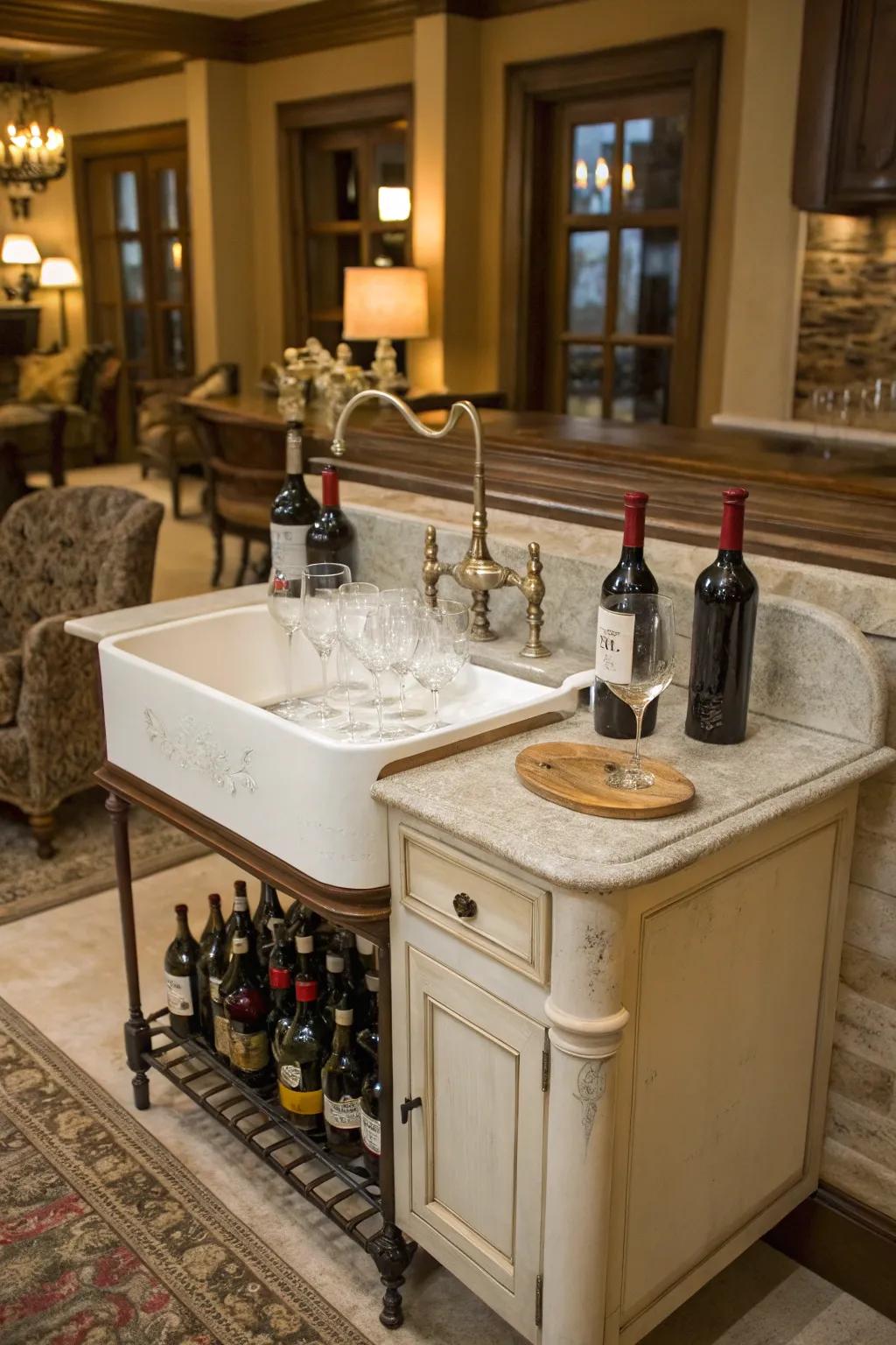 An antique utility basin converted into an elegant beverage station.
