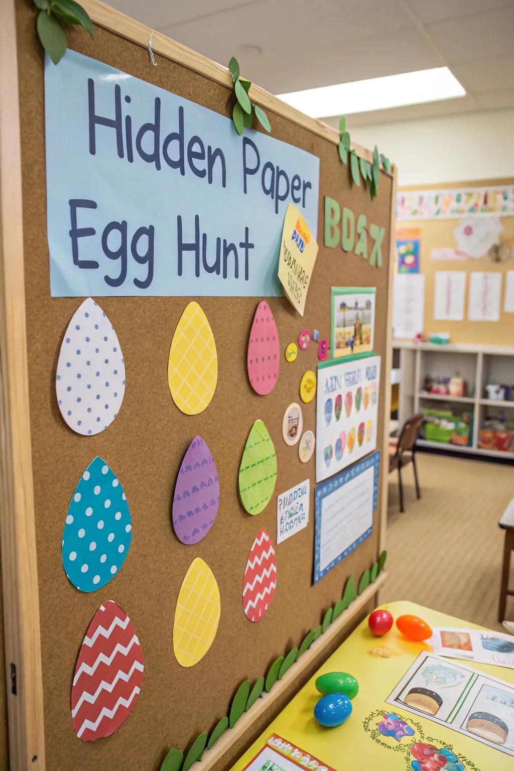 Interactive egg hunt with hidden paper eggs for playful fun.