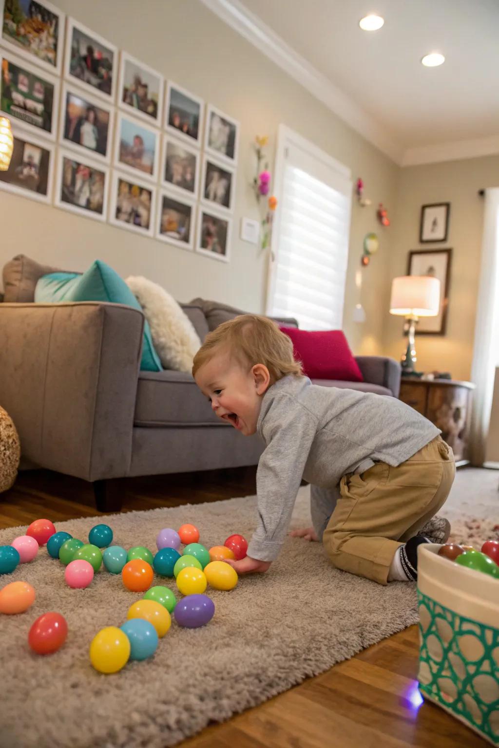 A joyful Easter egg hunt indoors for the little explorers.