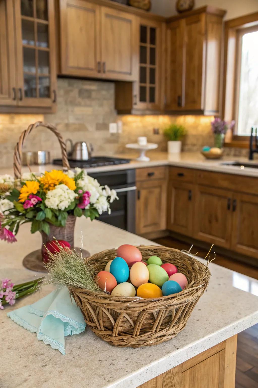 A striking array of colorful Easter eggs graces the cooking island.