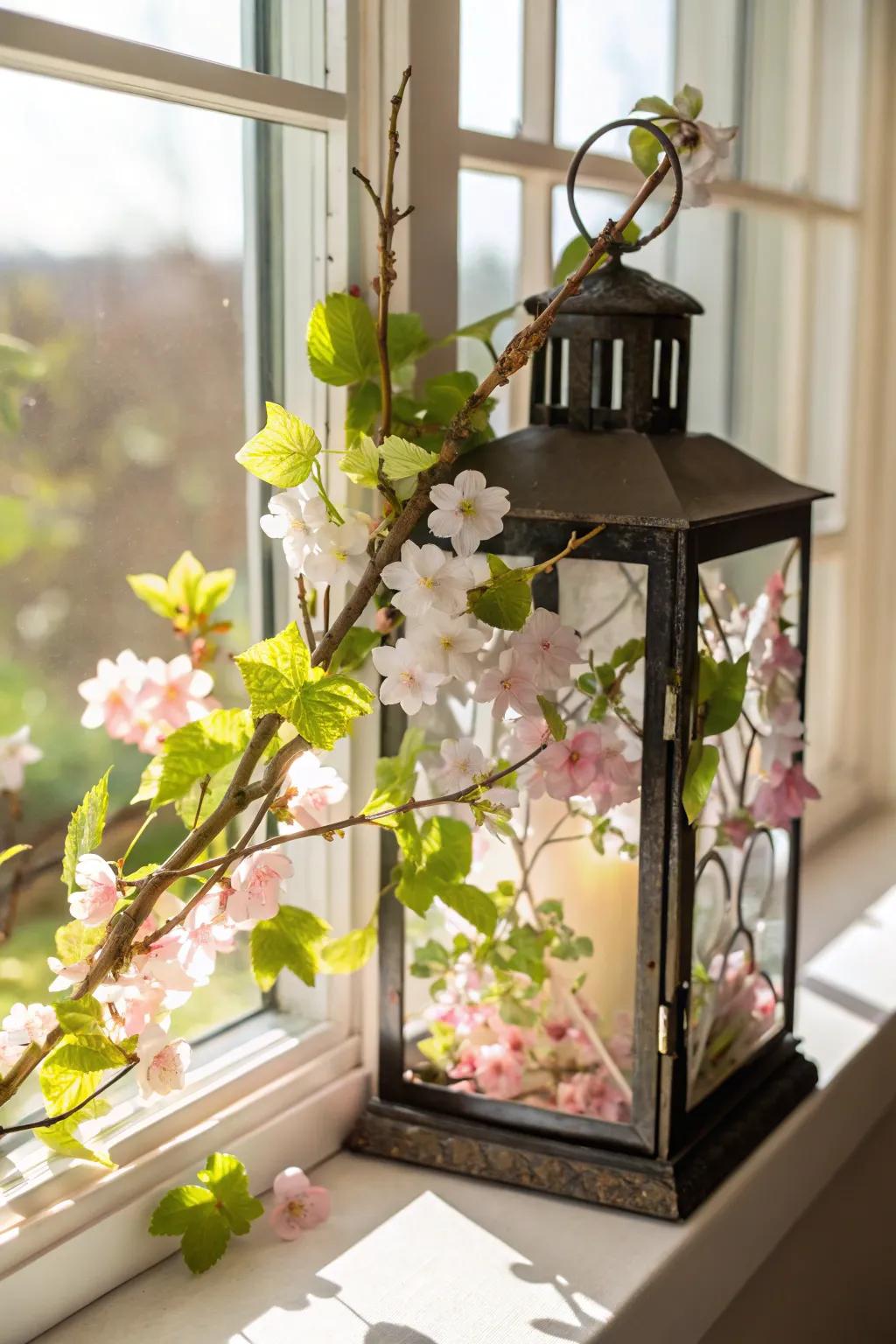 Spring comes alive with blossoms in a lamp.