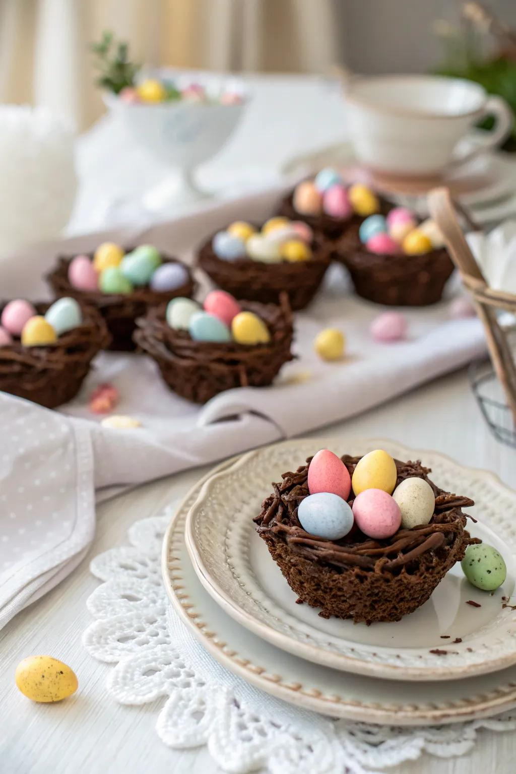 Delicious chocolaty egg nests offer an enjoyable and scrumptious treat.