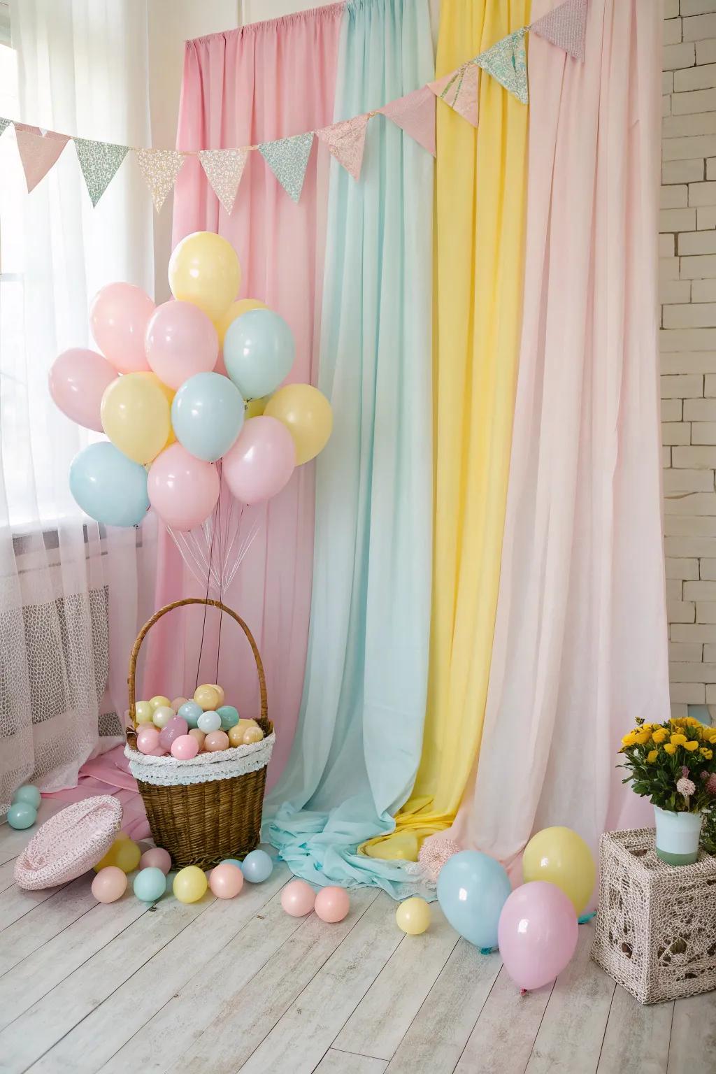 Gentle subtle hues air-filled spheres and sheer fabrics come together to form an idyllic Easter picture setting.