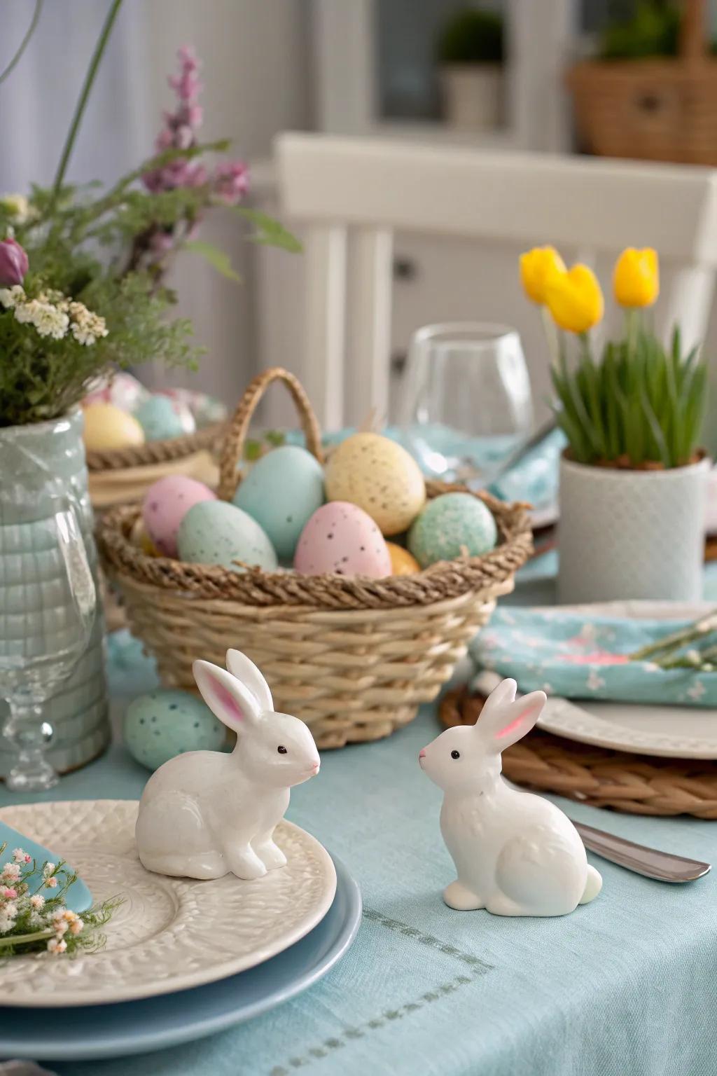 Bunny figurines add a playful charm to the Easter decor.