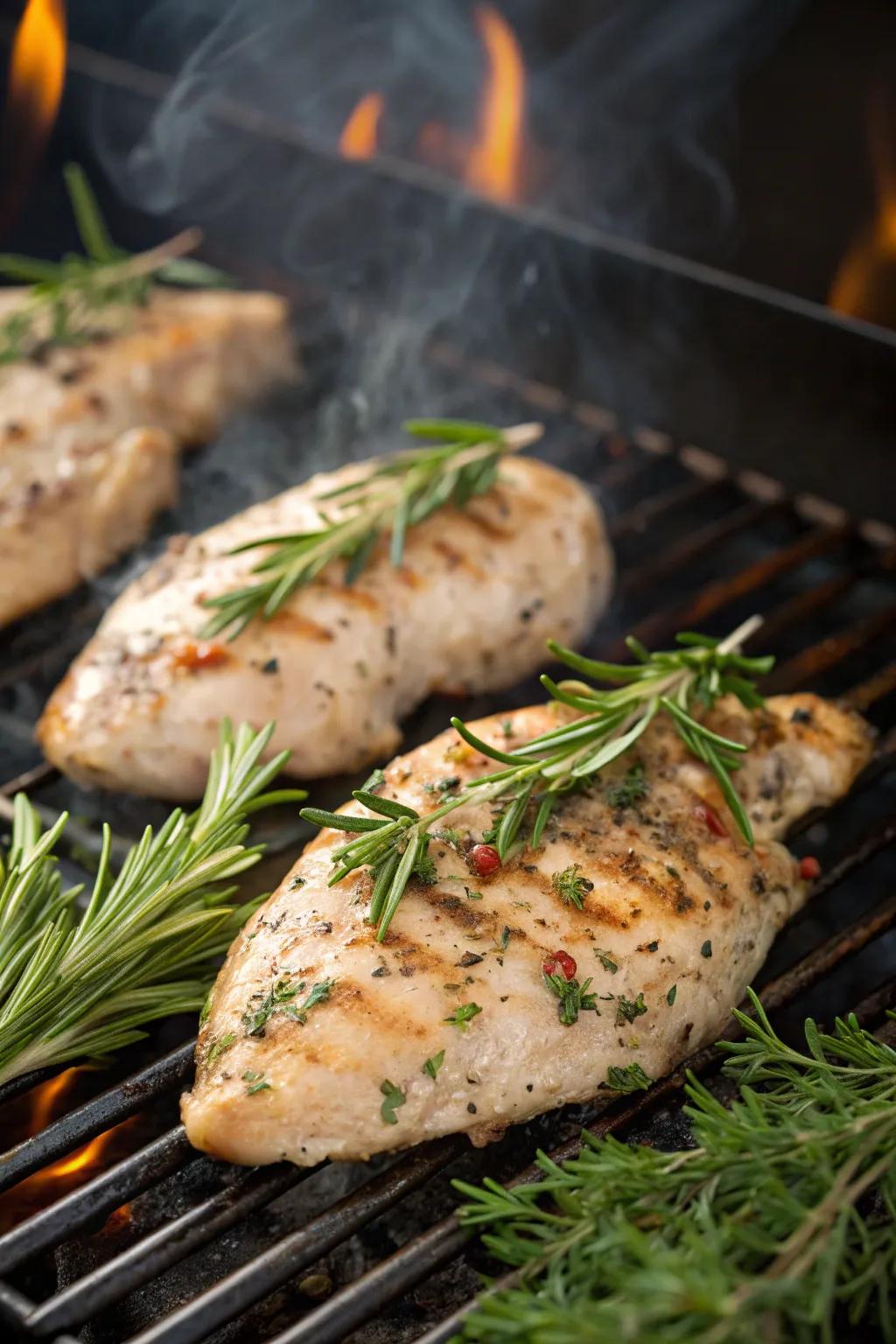 Succulent herb-infused chicken gently sizzling over the grill's open flame.