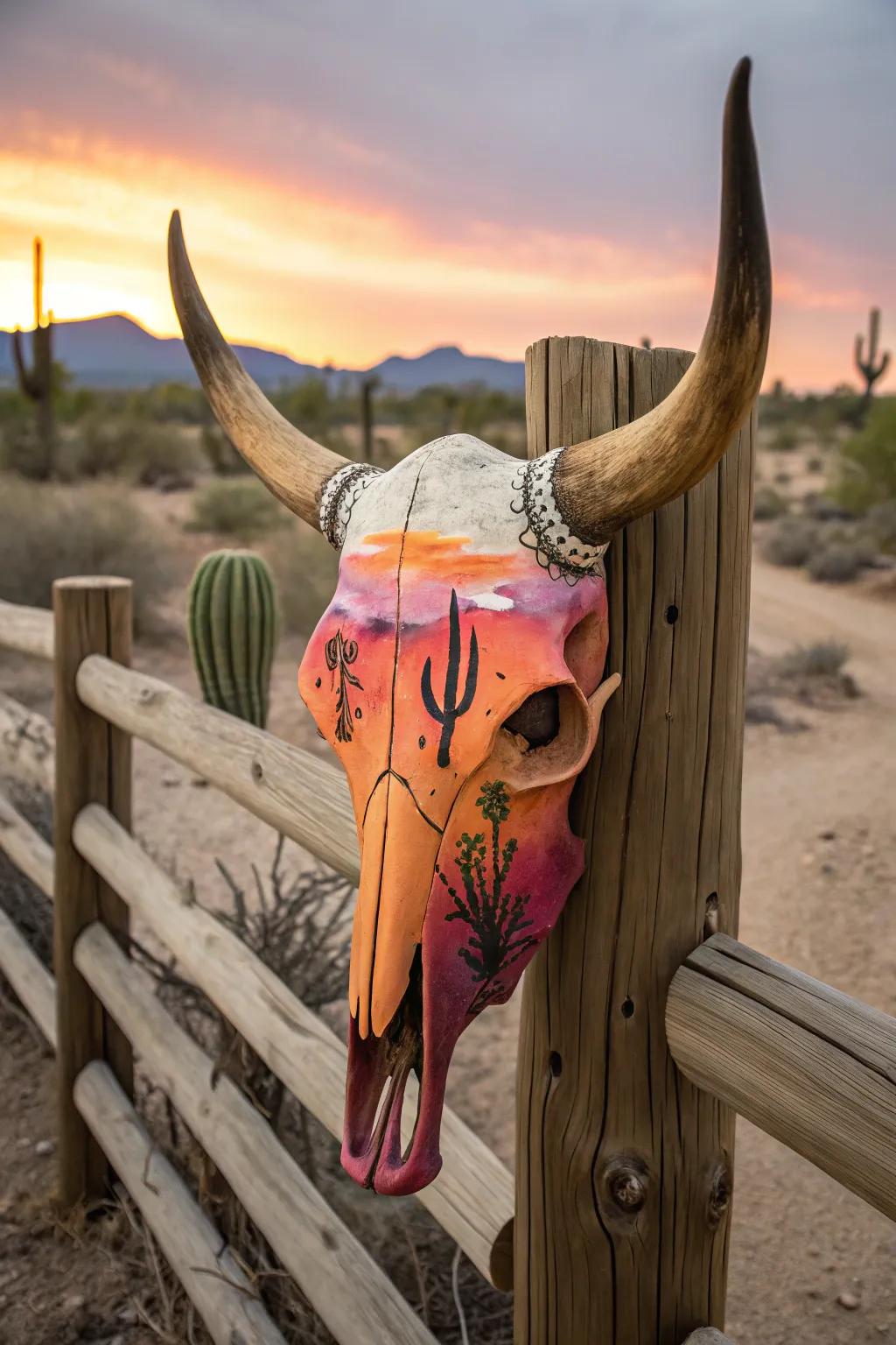 Desert vistas transform steer craniums into natural art pieces.
