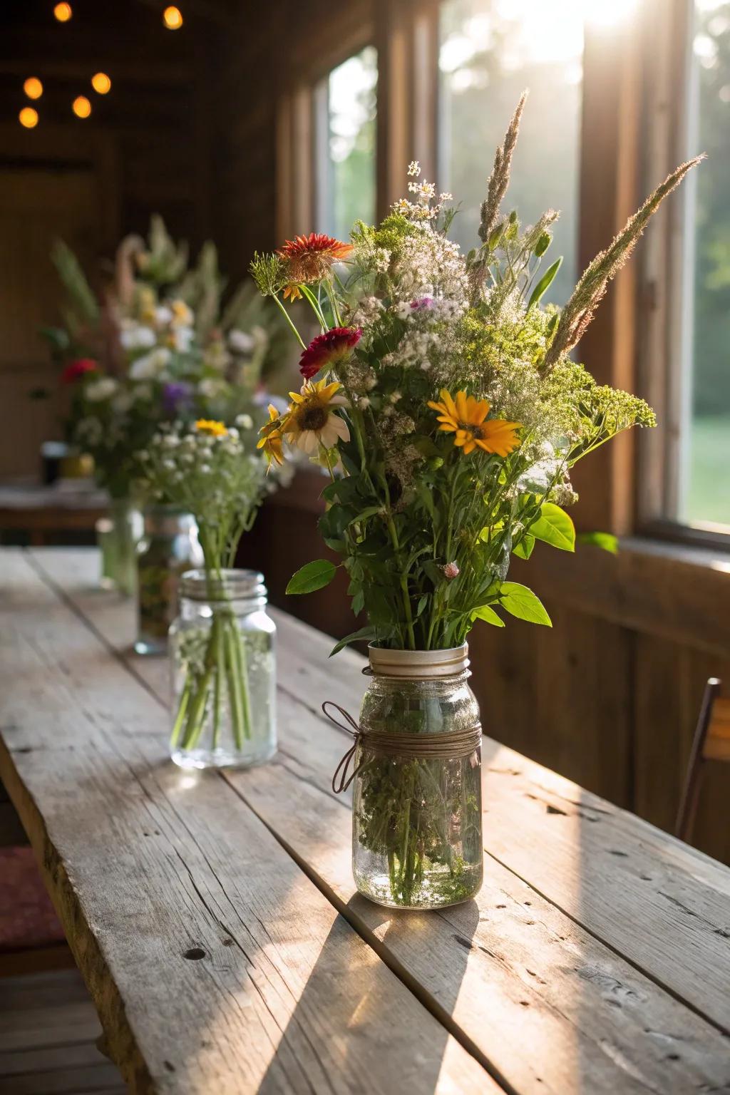 Preservation jars inject a down-to-earth flair into floral arrangements.