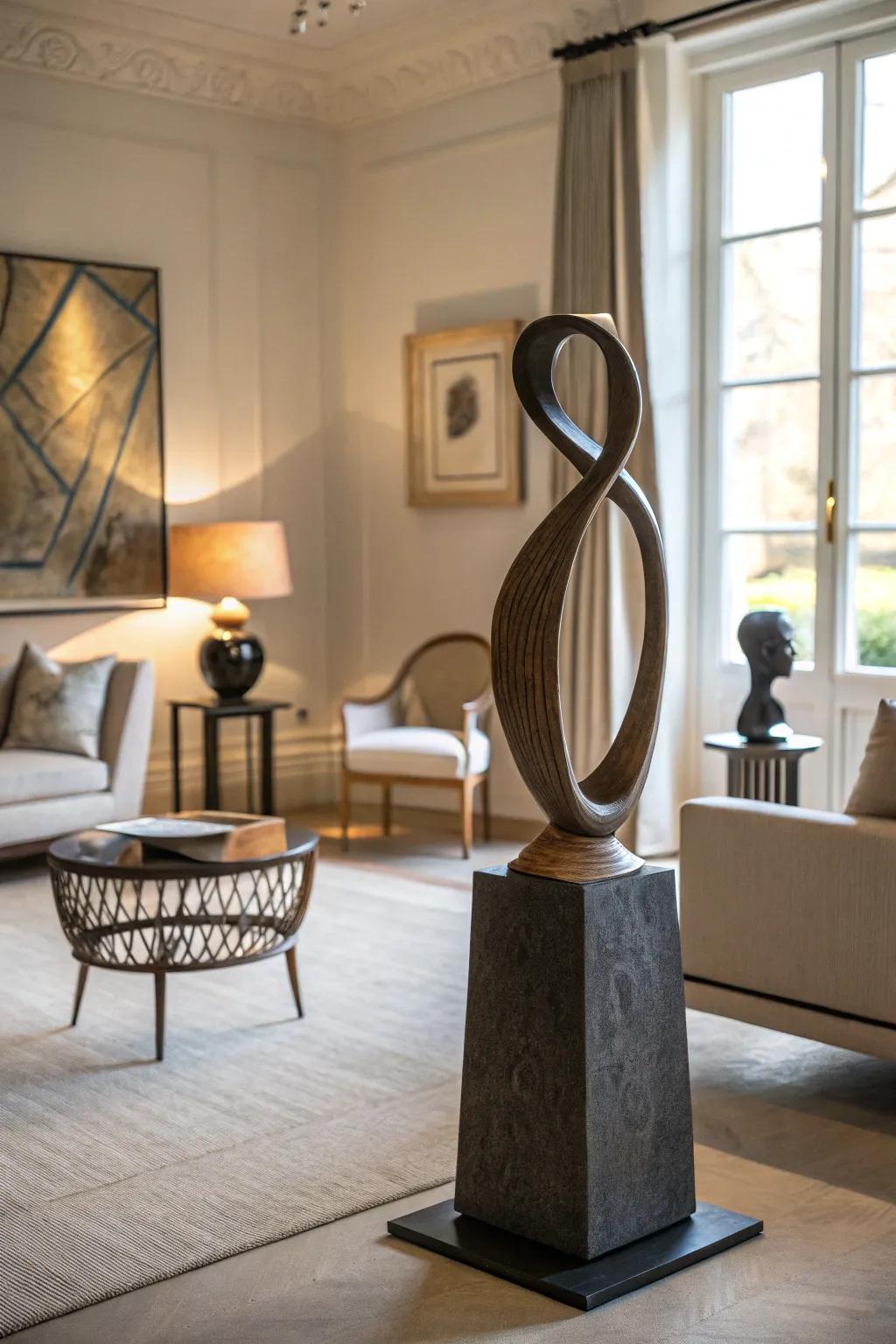 An abstract sculpture adding character to the living room.