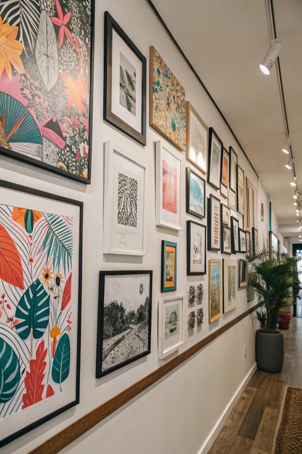 A diverse gallery wall displaying an assortment of art styles.