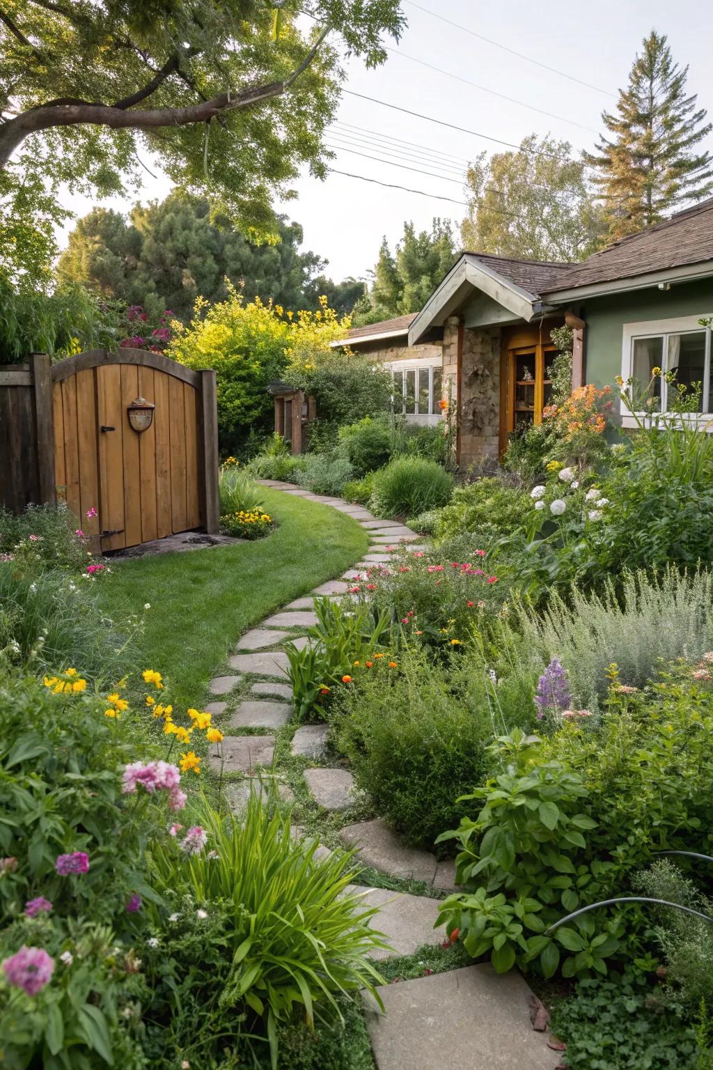 A garden showcases sustainable landscaping through its native plant design.