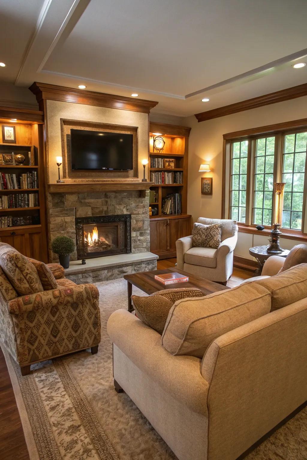 Establish a welcoming lounge space encircling your hearth and television for supreme comfort.