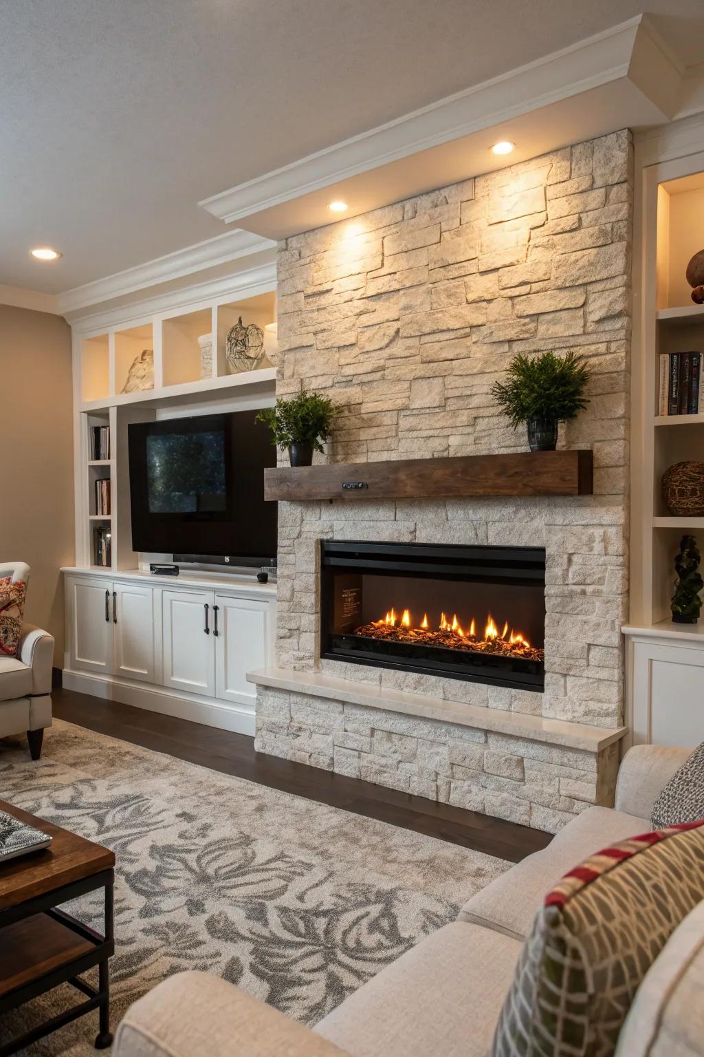 A living room featuring a built-in electric fireplace fluidly incorporated into the wall.
