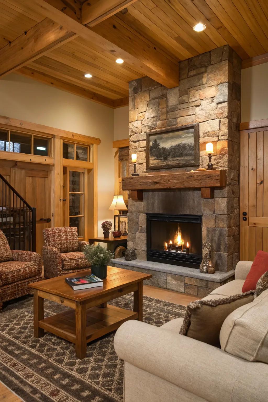 A rustic touch with wood accents around an electric fireplace.