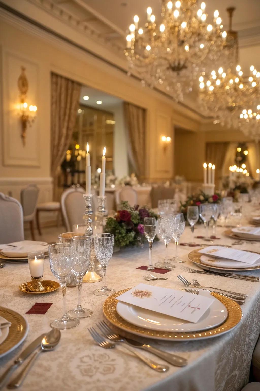 Formal table setting featuring fine china and crystal.