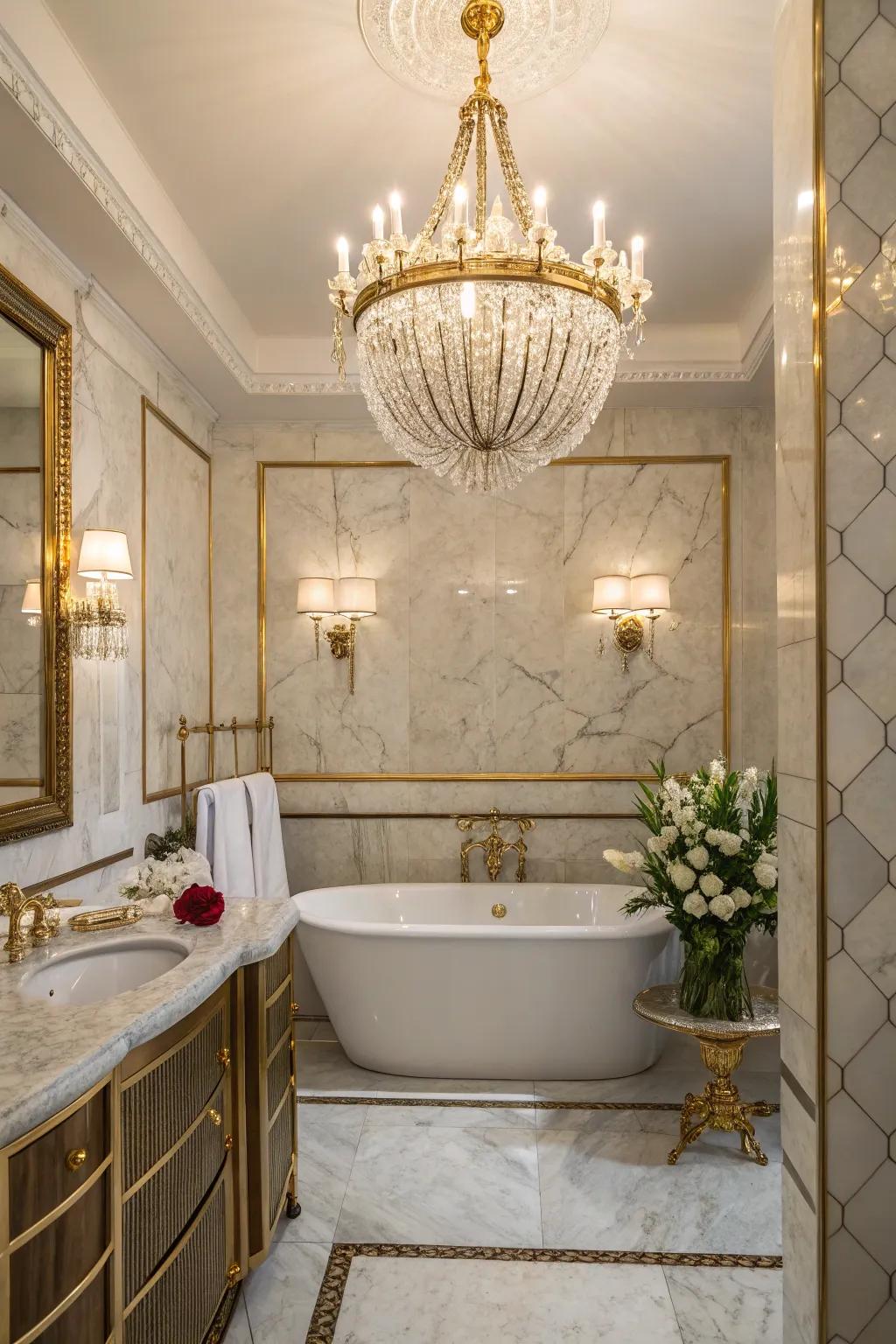 An overhead light injects a hint of glamor into this elegant bathroom.